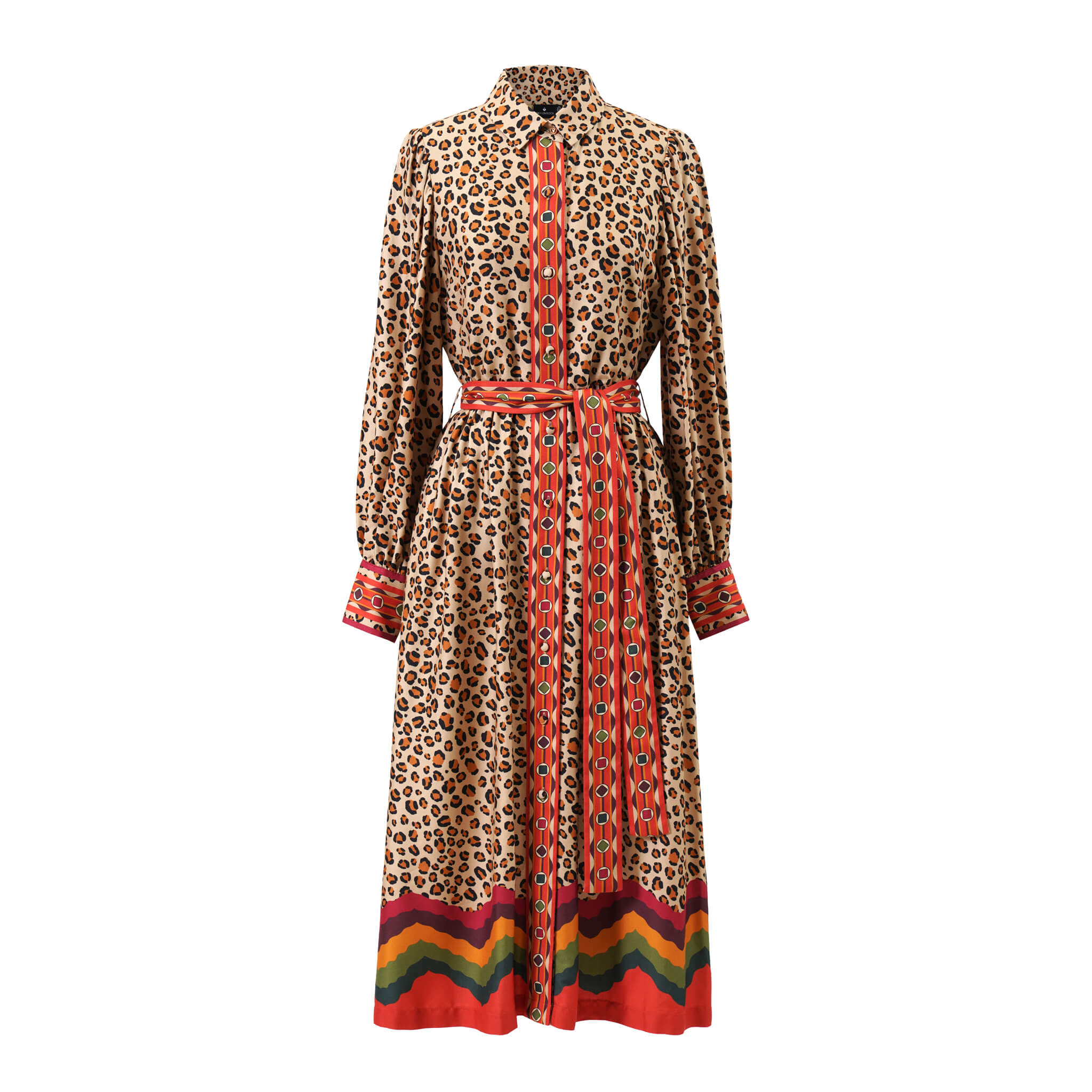 Emily Lovelock Kendal leopard-print maxi dress with tie belt, front view