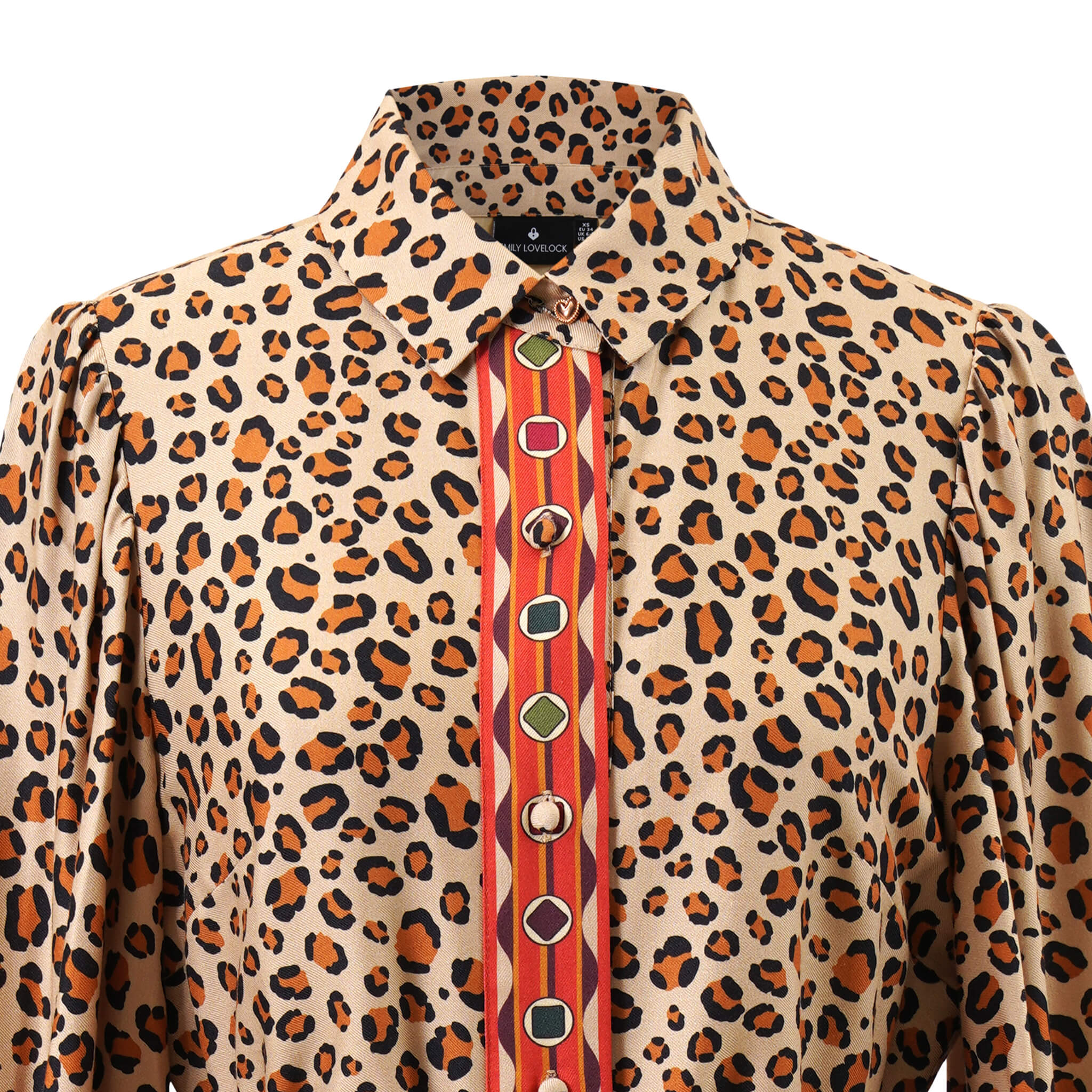 Emily Lovelock Kendal dress collar and contrasting geometric button-front detail