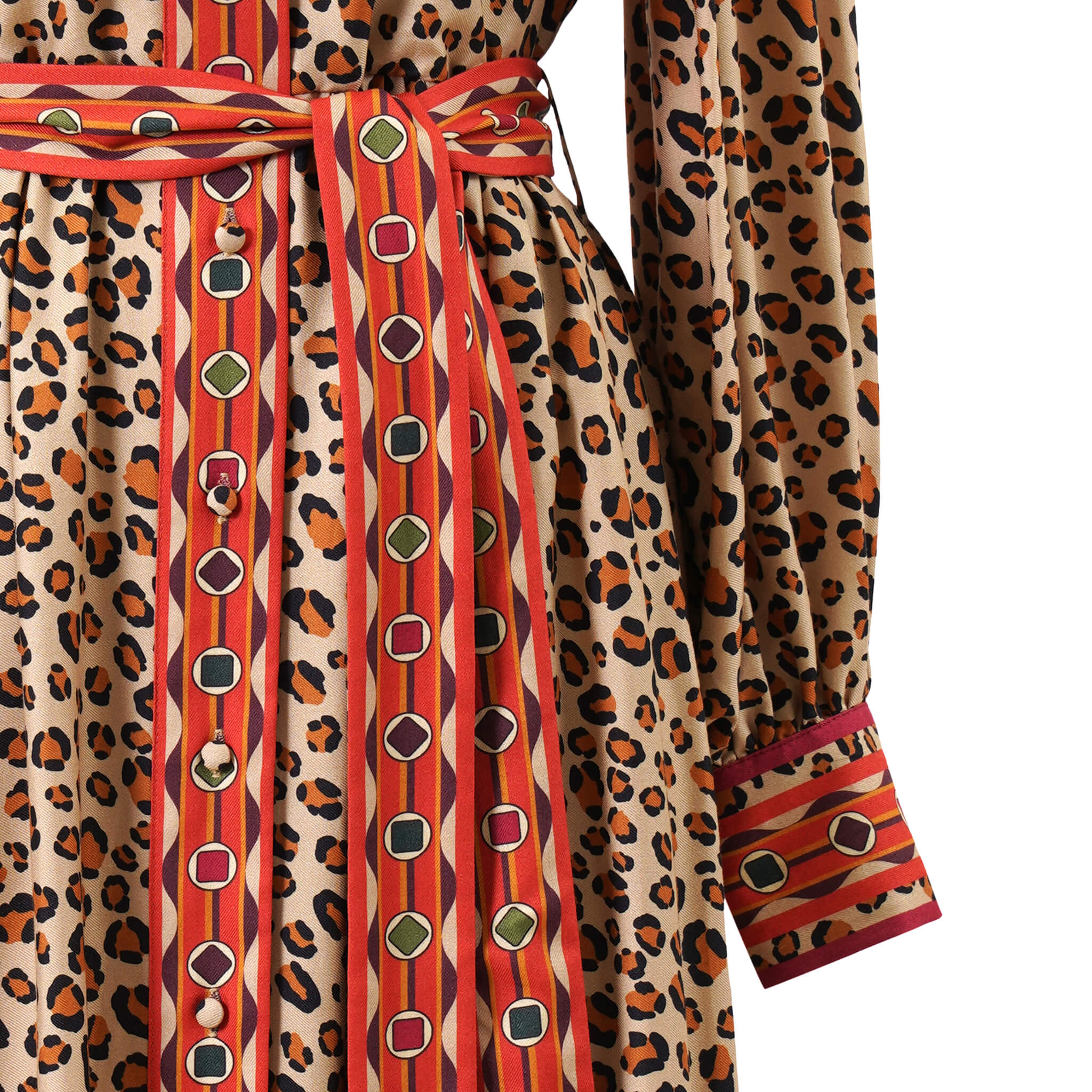 Close-up of Emily Lovelock Kendal leopard dress tie belt, button placket and cuff