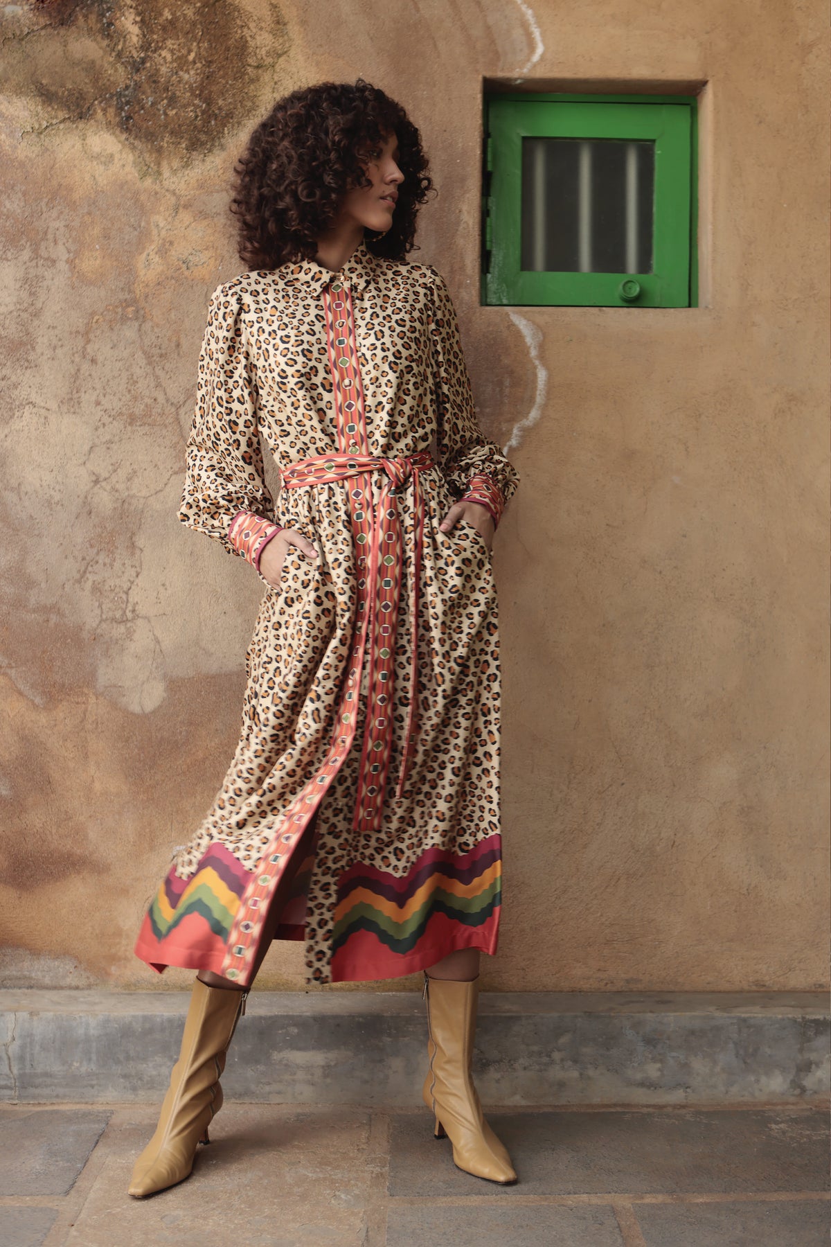 Model wearing the Emily Lovelock Kendal leopard-print belted maxi dress