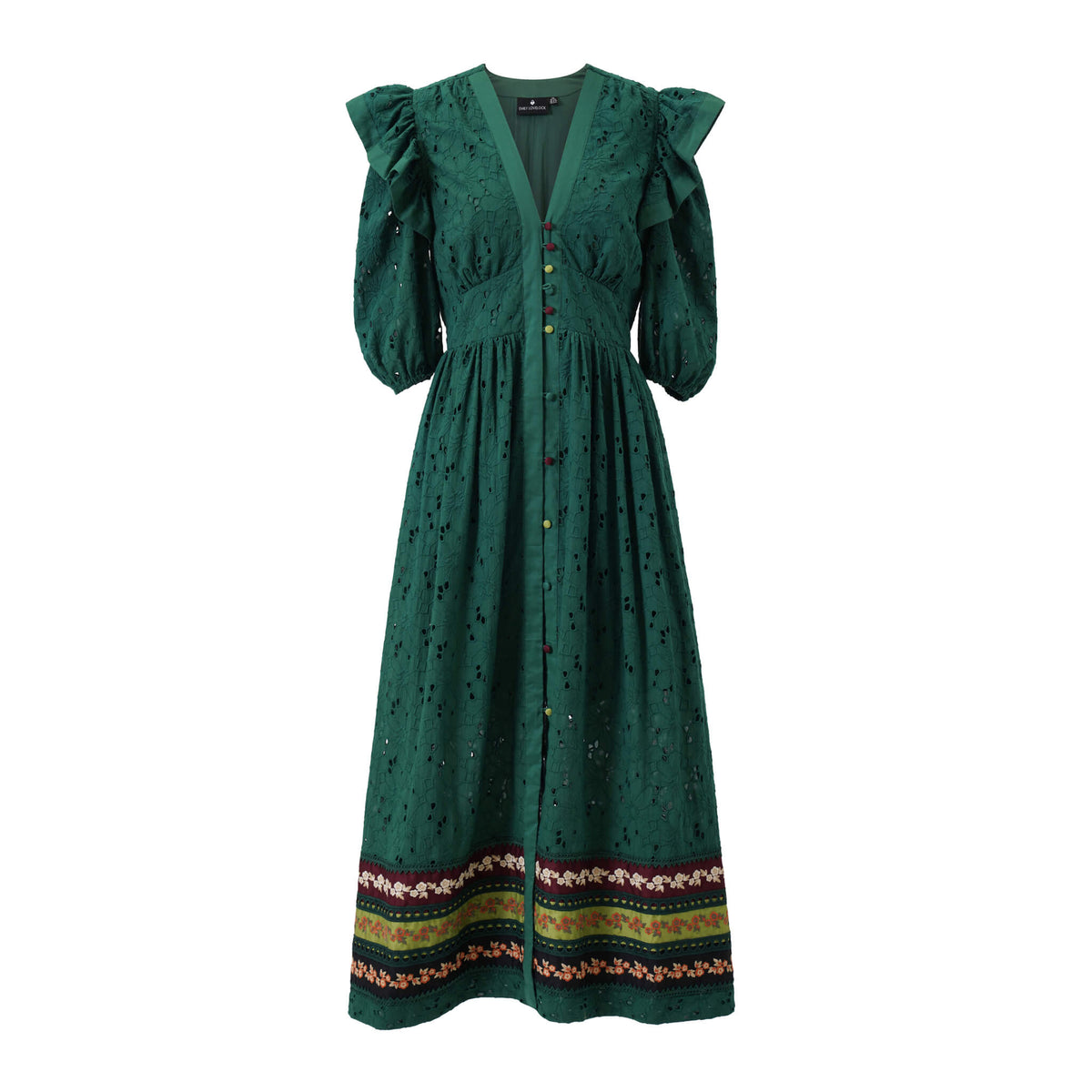 Emily Lovelock embroderie maxi dress with ruffled shoulders