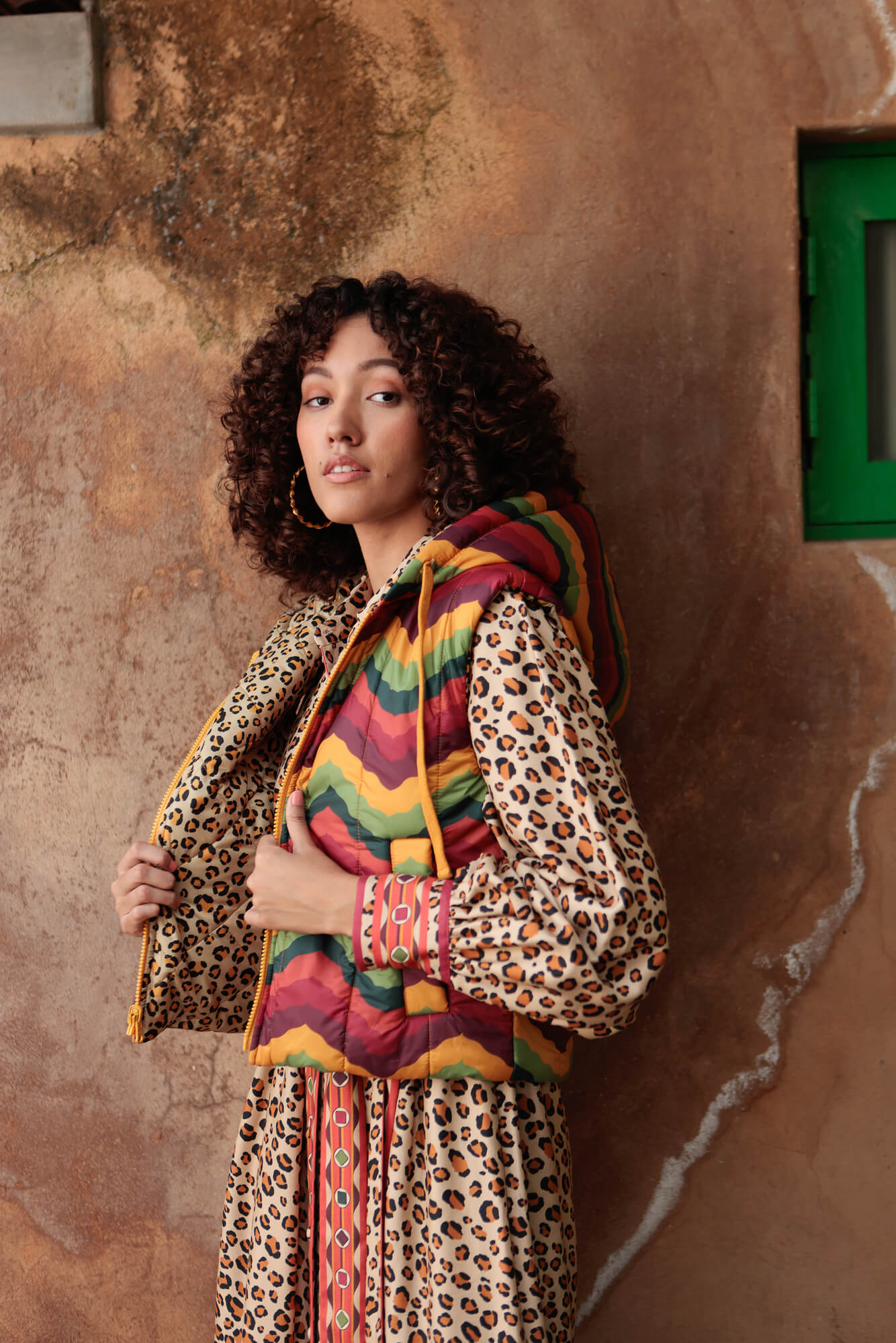 Emily Lovelock printed quilted gilet styled on model