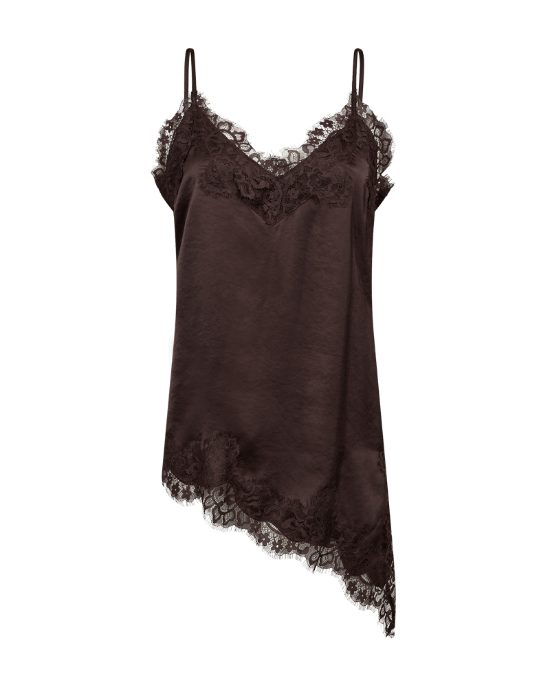 Front view of the Freequent Dove Top with delicate lace detailing