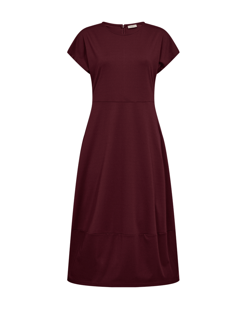 A dark burgundy midi dress with short cap sleeves, a round neckline, and a tiered skir from Freequent