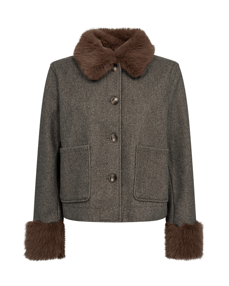 A cropped wool-blend jacket in dark taupe-gray with contrasting brown faux-fur trim at the collar, cuffs, and pocket flaps.