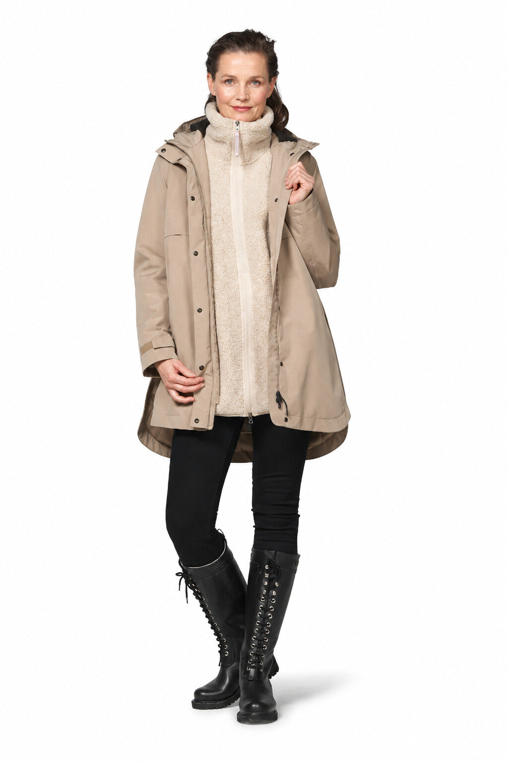 ILSE JACOBSEN DashRain02 raincoat styled on a model with fixed hood and curved hem