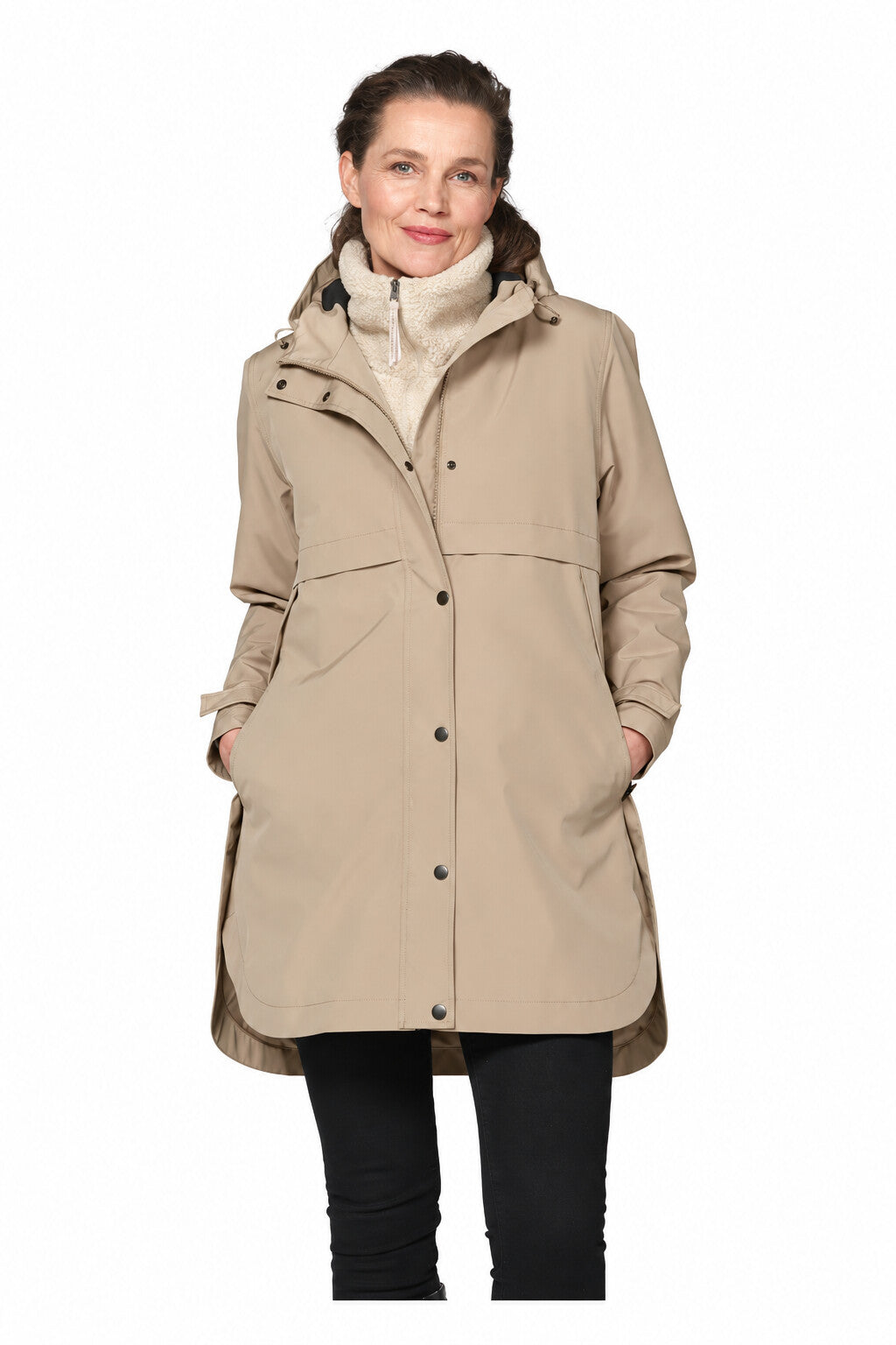 ILSE JACOBSEN DashRain02 padded raincoat shown open on a model, with fixed hood and curved hem