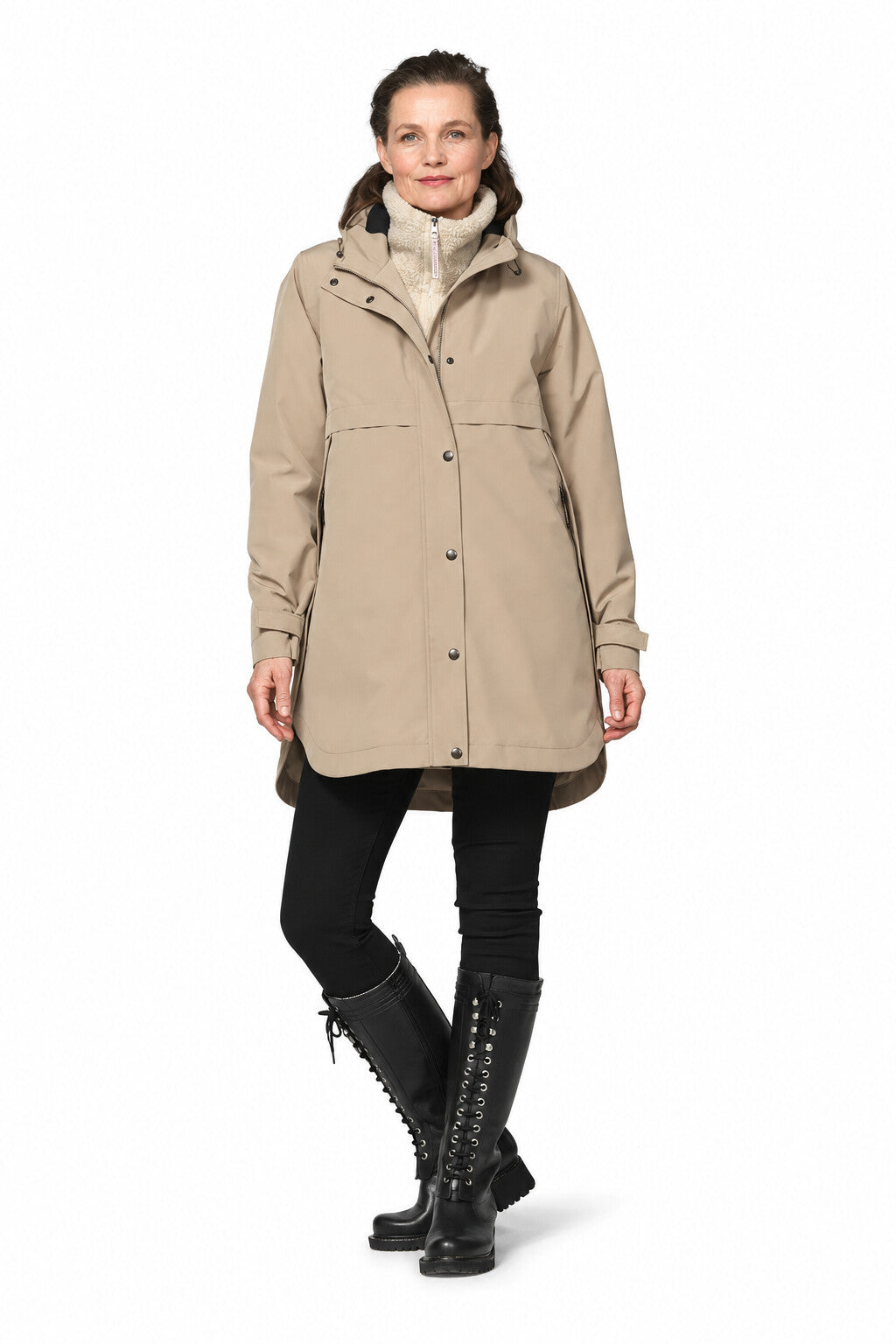 Front view of ILSE JACOBSEN DashRain02 padded raincoat with hood, snap fastening and zipped pockets
