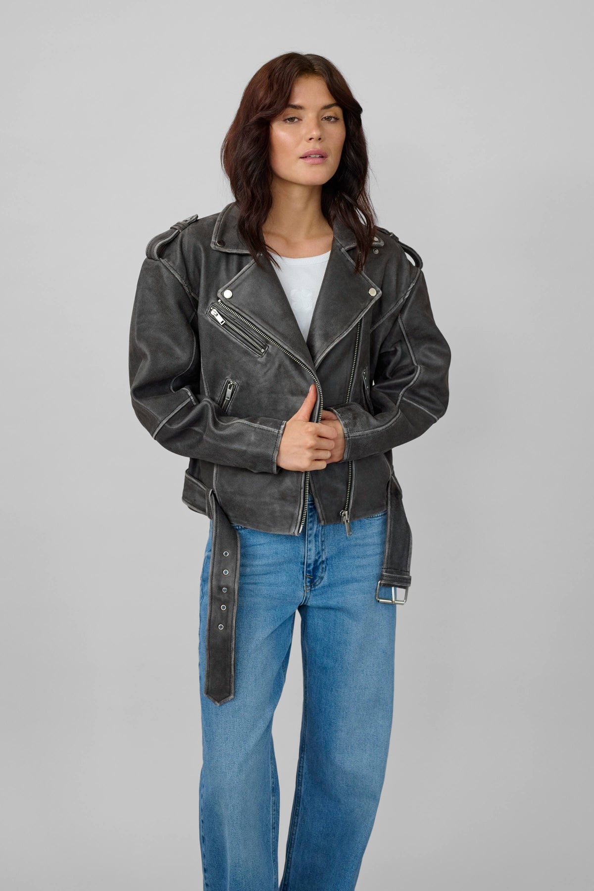 My Essential Wardrobe leather jacket with shoulder tabs and long sleeves