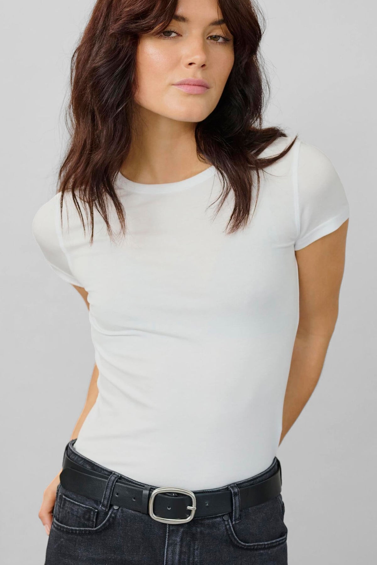 Model wearing the 16 The Modal Tee with a regular fit