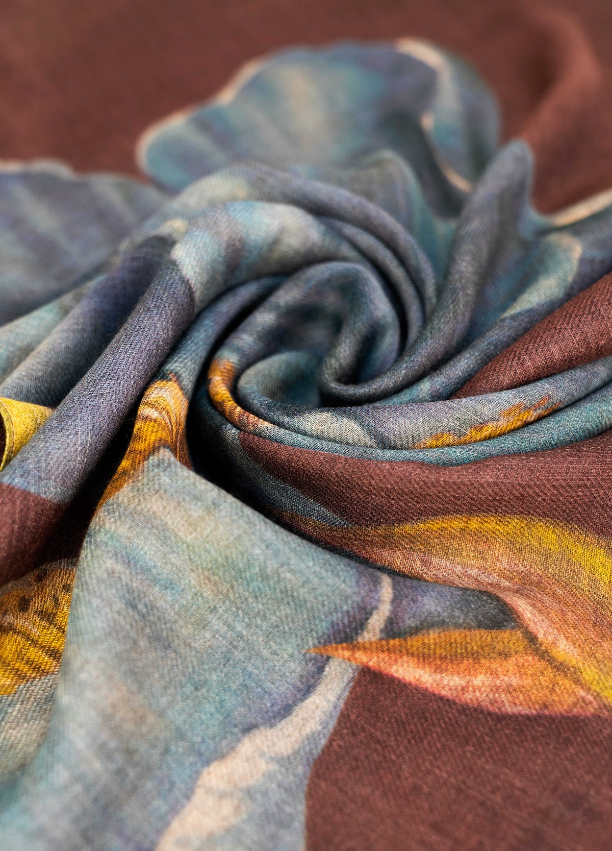 Powder wool-blend scarf with iris and leaf print