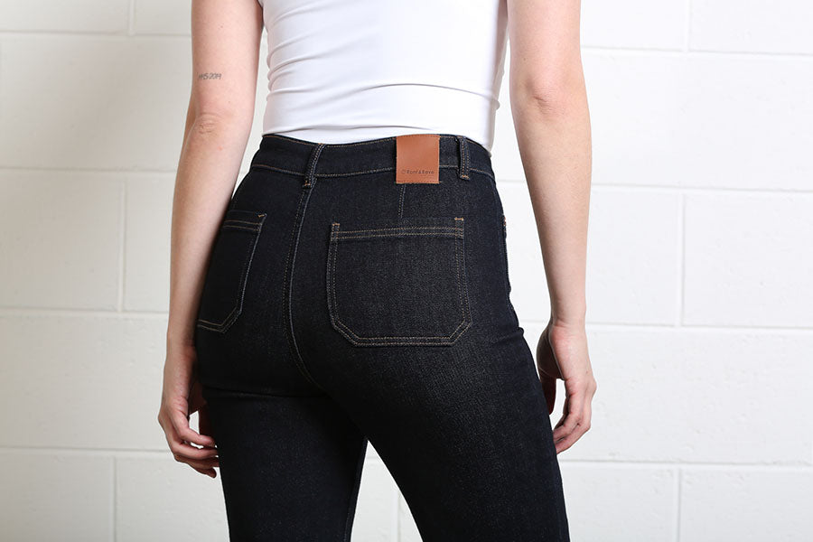 Close-up of the Abigail Jeans with contrast stitching and patch pockets
