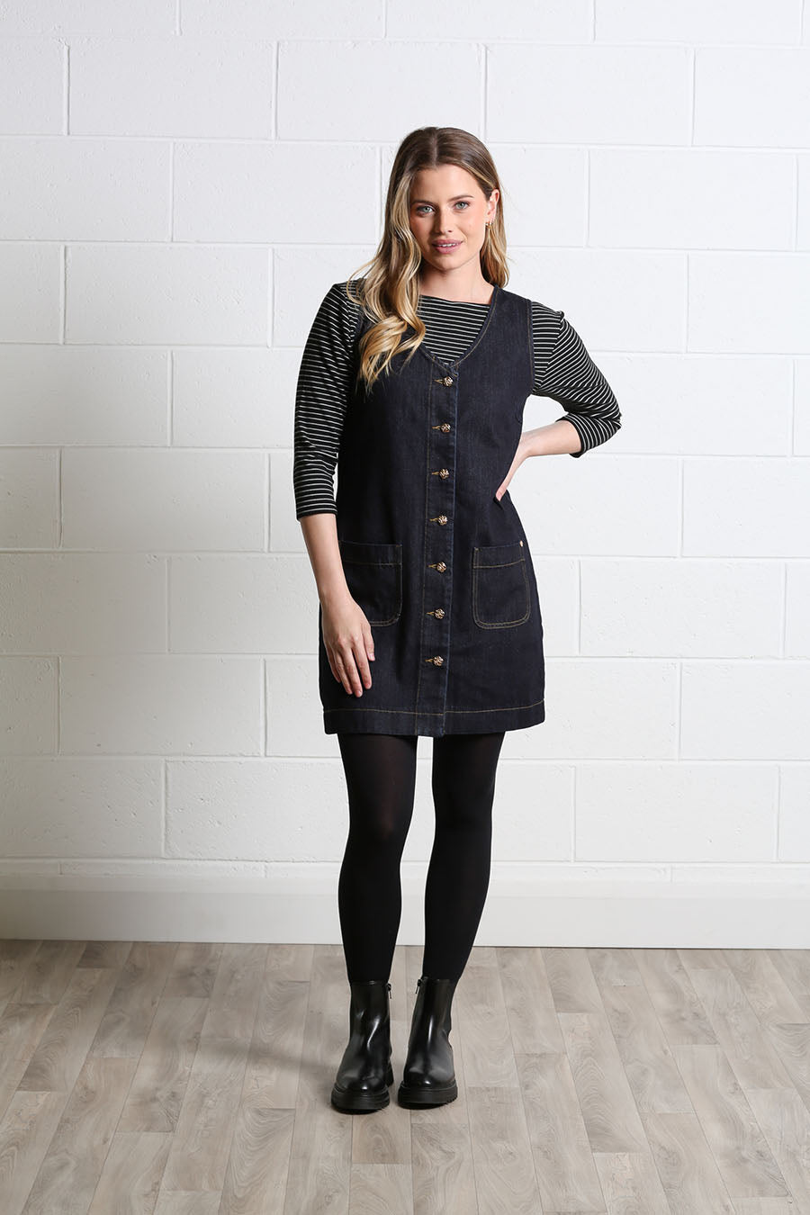 Rant & Rave Helena denim pinafore dress with a V-neckline