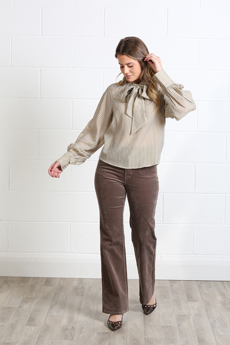 Rant & Rave Natalia striped blouse with a self-tie pussy-bow neckline