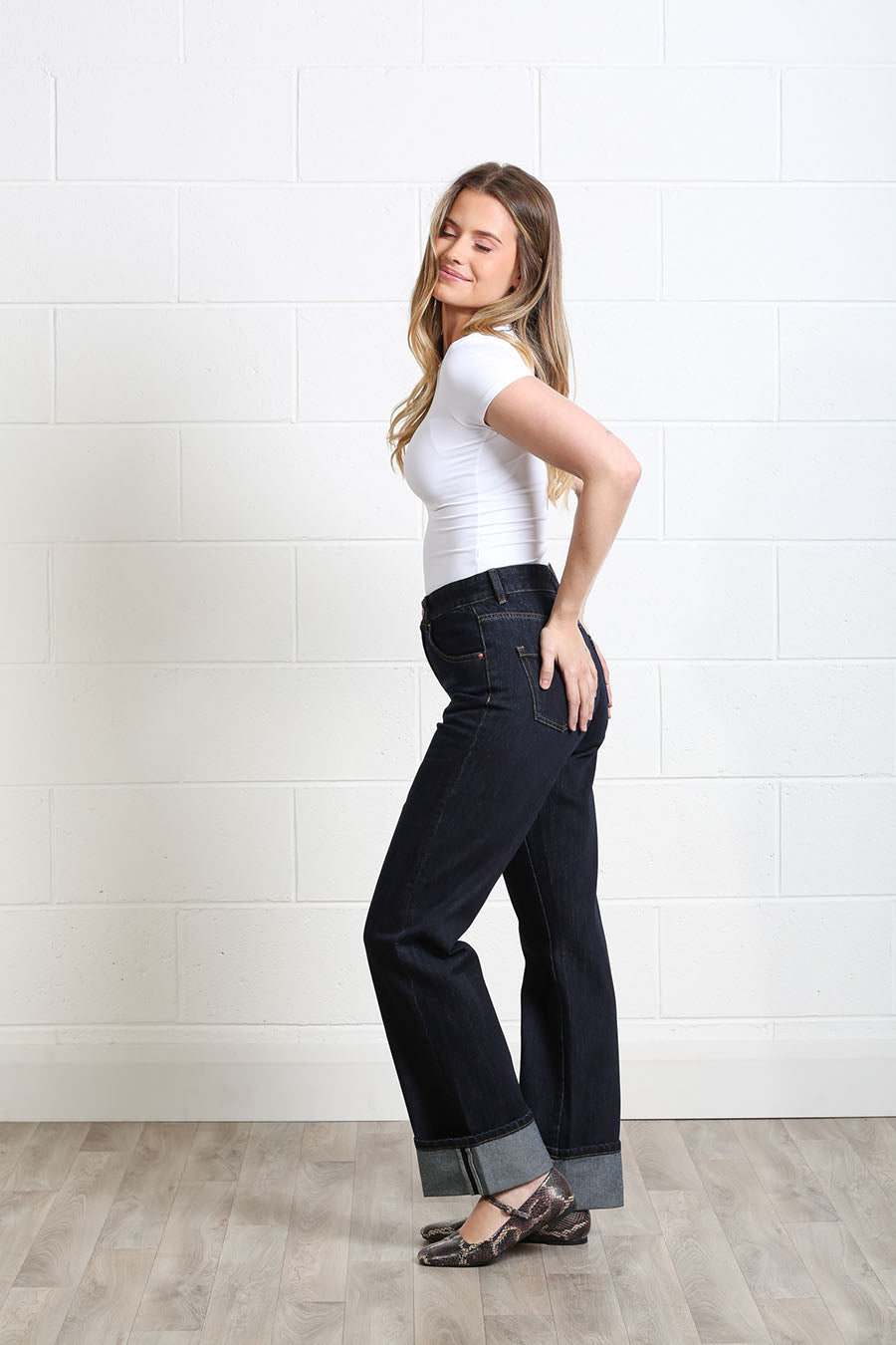 Model wearing the Rant & Rave Rose Turn-Up Jeans