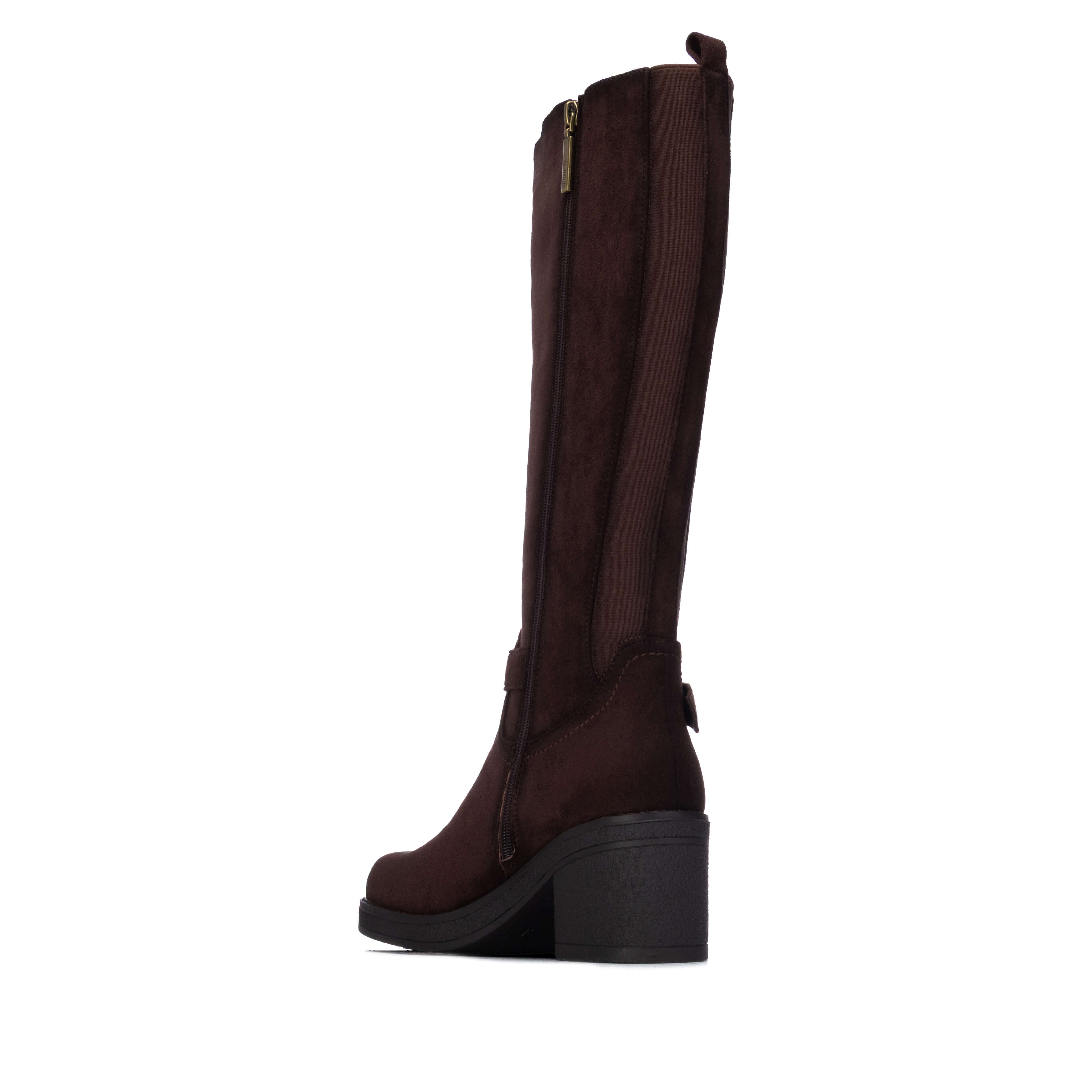 Side view of Refresh long boots with a buckle strap and platform sole