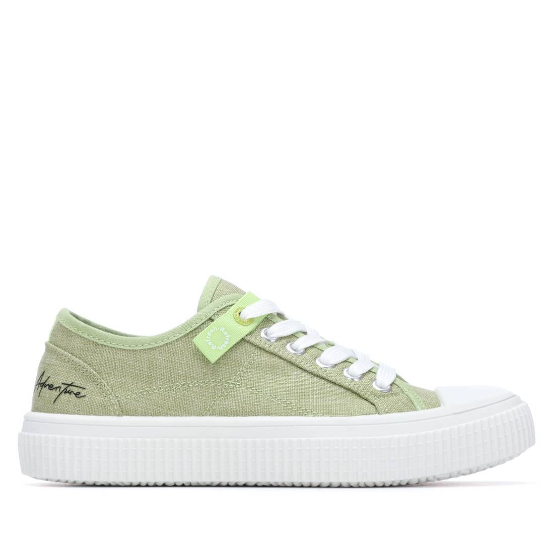 Green sneaker with white sole 