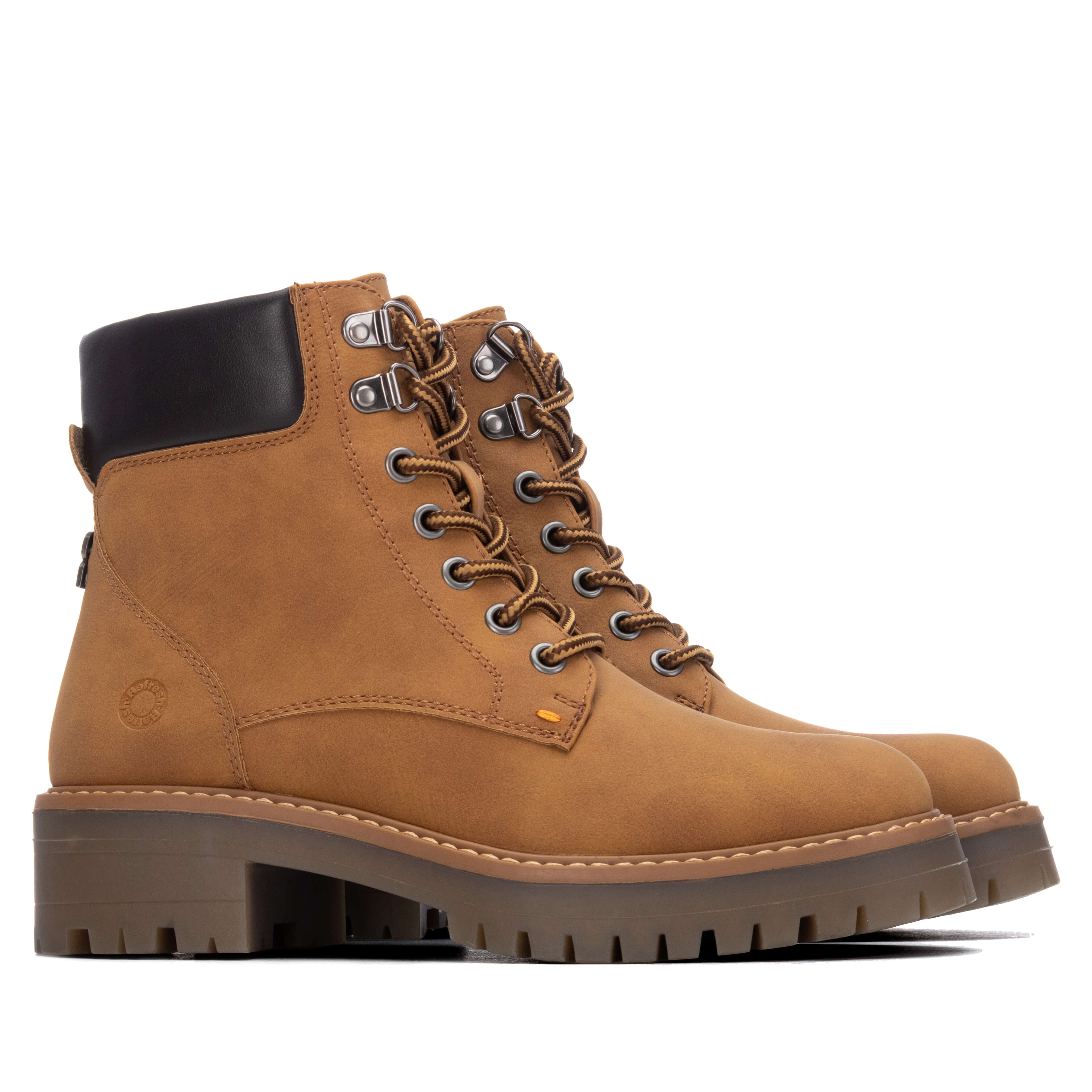 Side view of Refresh lace-up boots with a low block heel