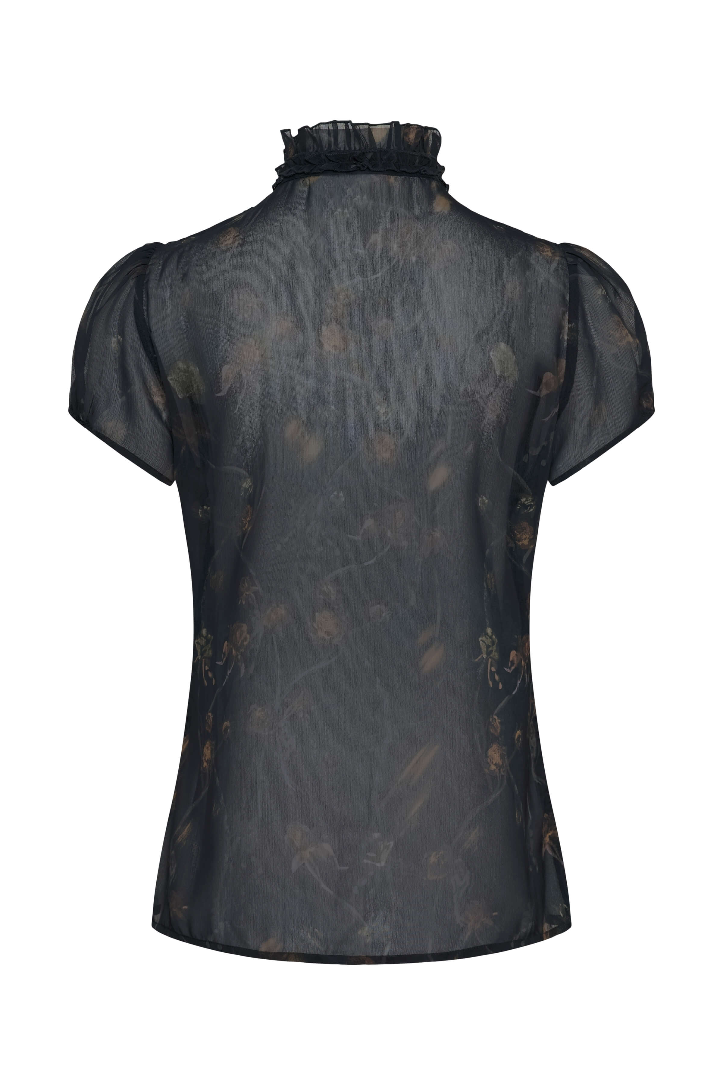 Women’s floral-print blouse with a high ruffled neckline
