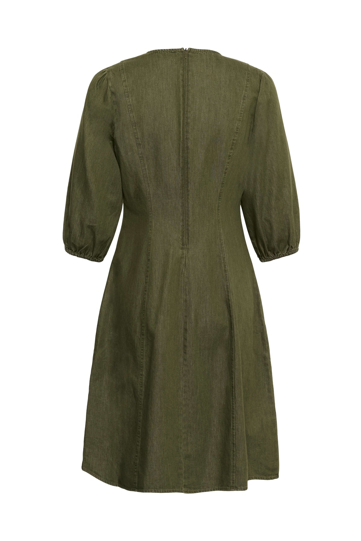 Women’s structured dress with three-quarter puff sleeves