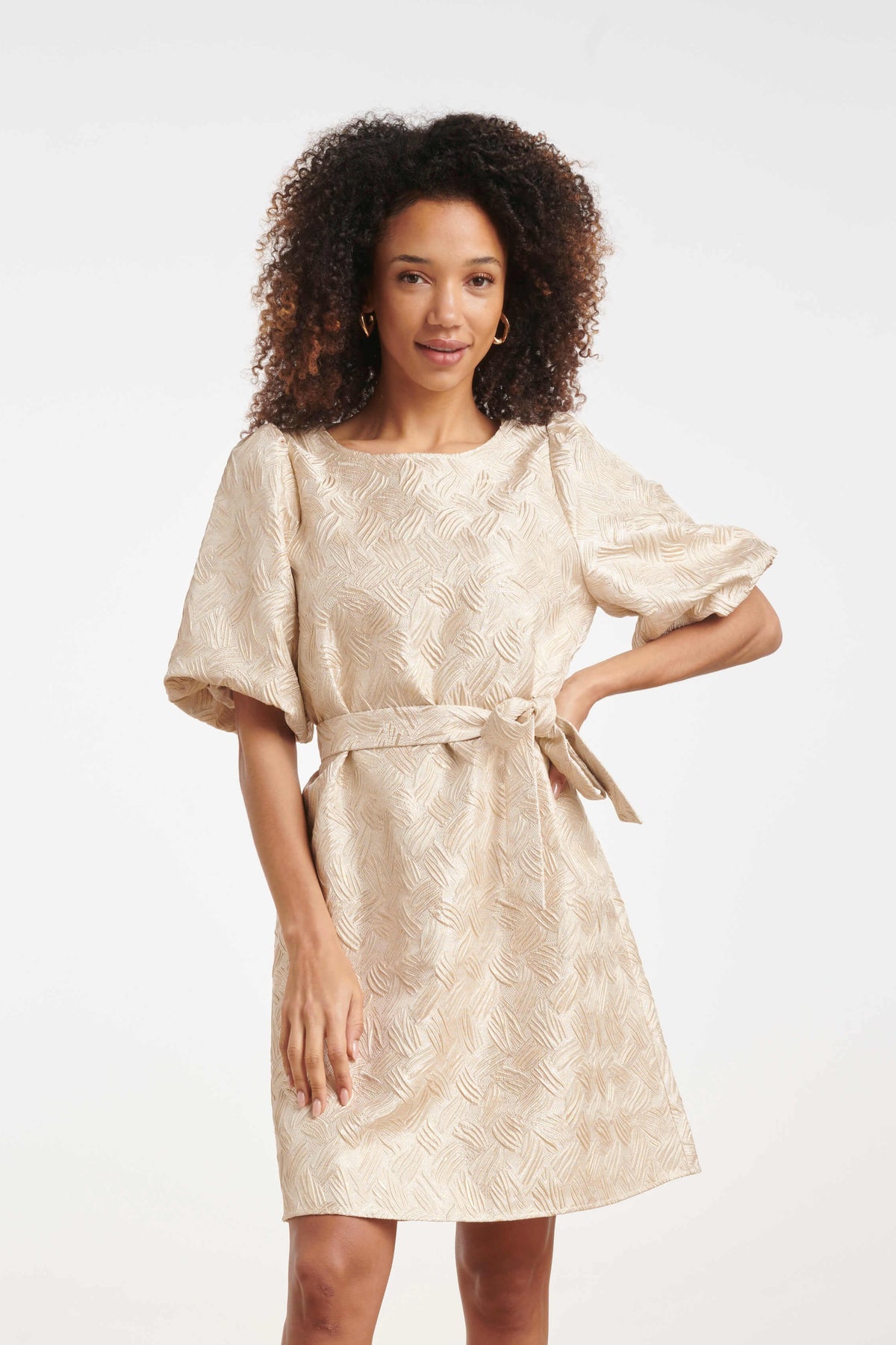 Women’s textured dress with elbow-length puff sleeves