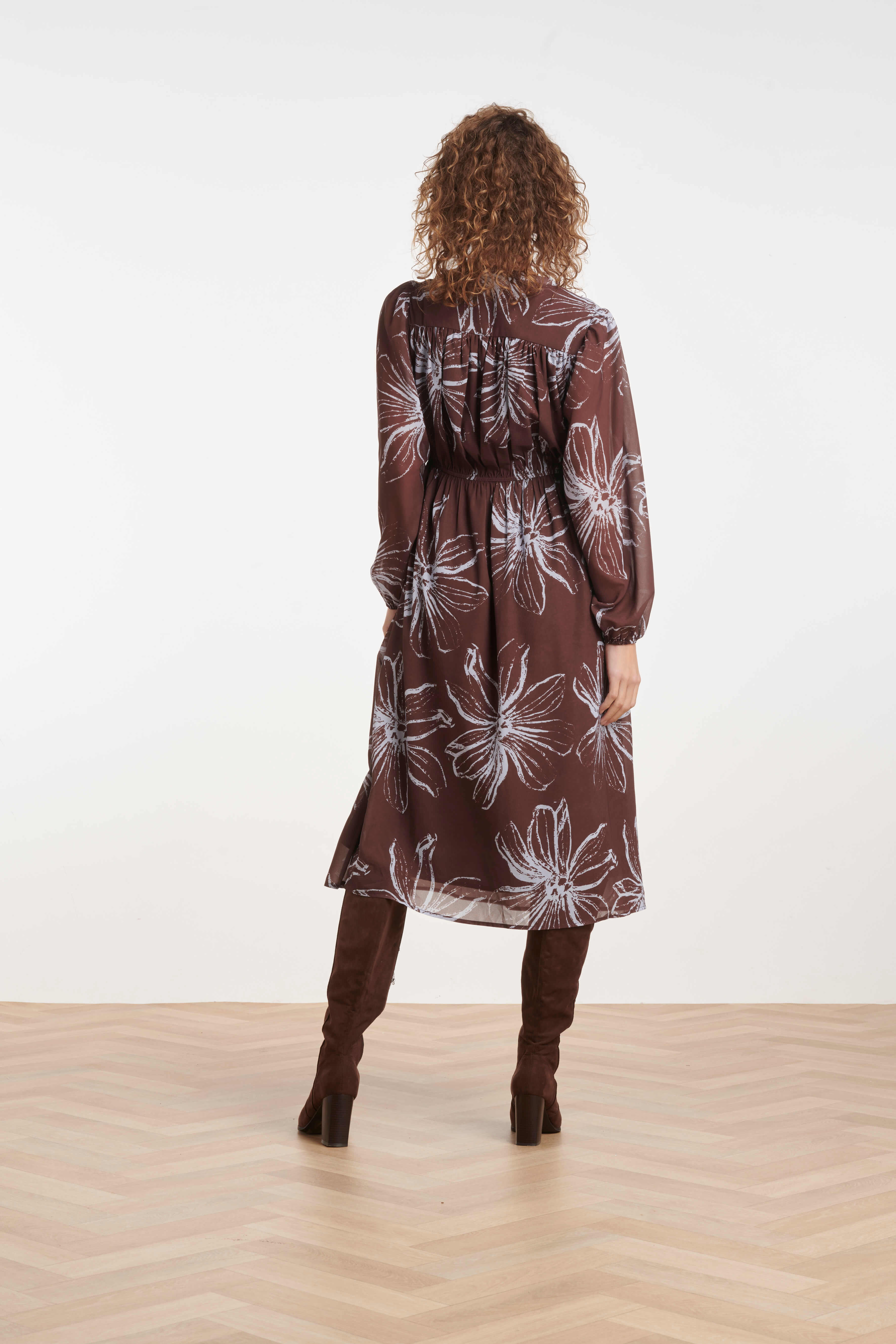 Women’s printed dress with gathered shoulder details