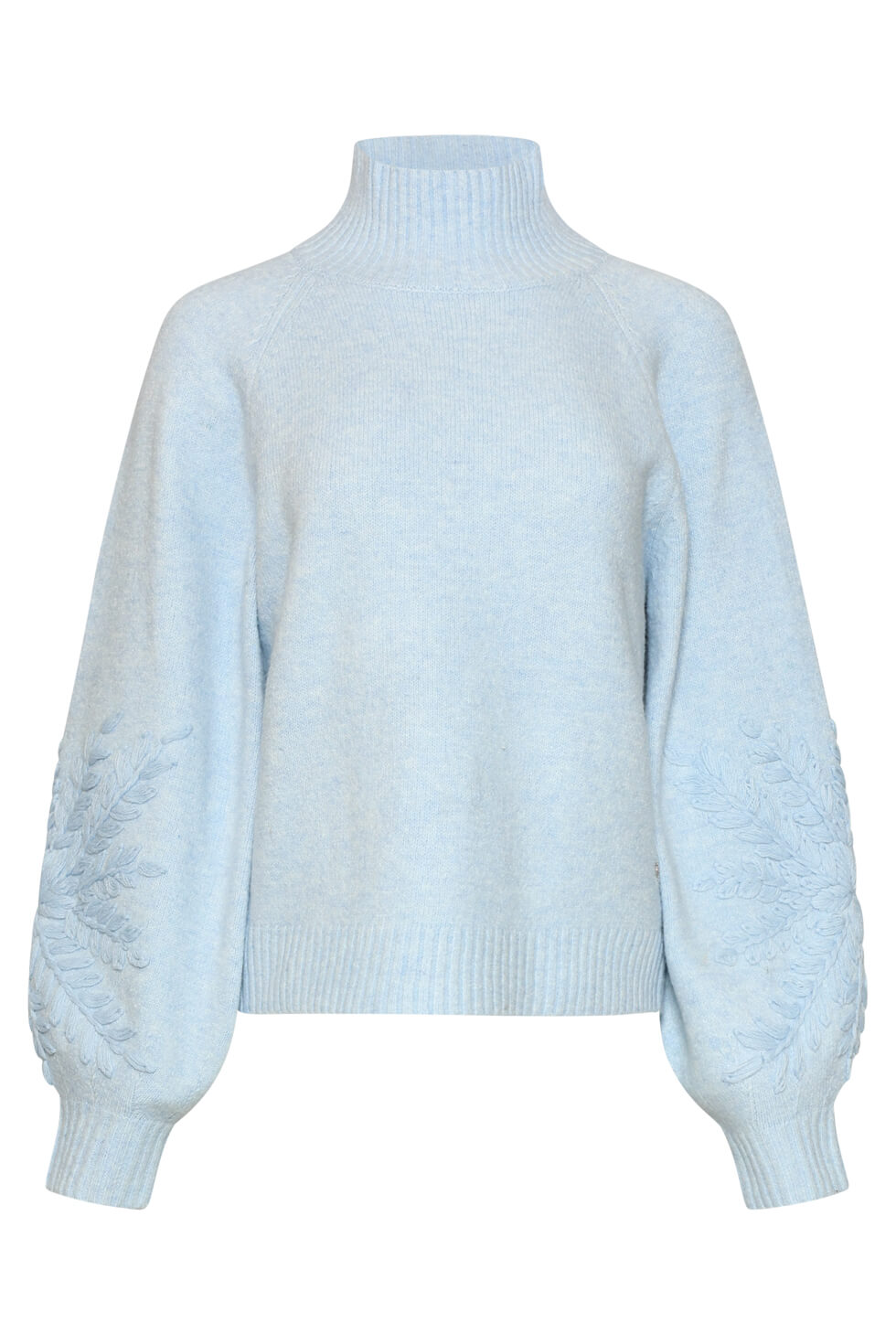Front view of the Smashed Lemon jumper with textured leaf embroidery