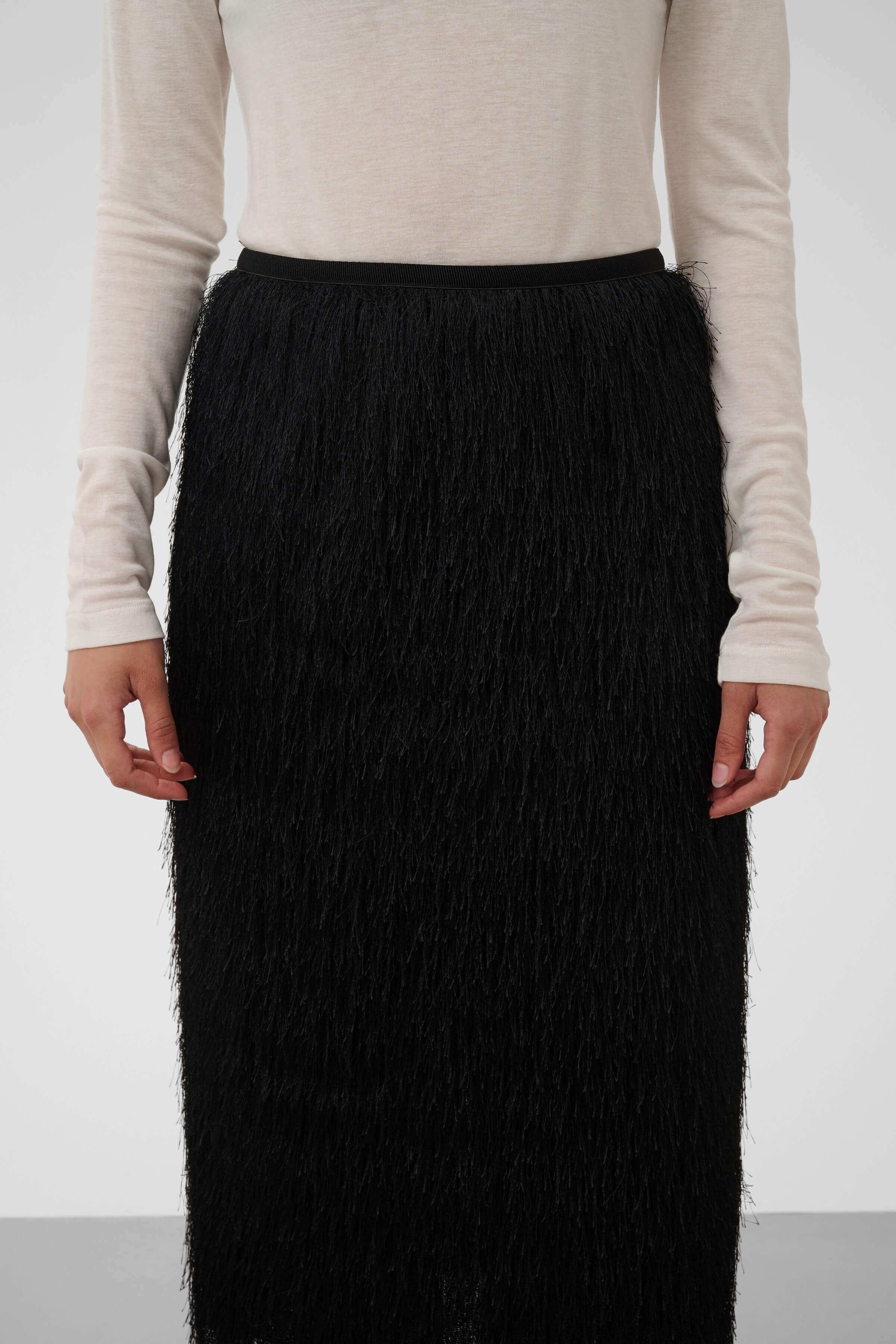 Close-up of the Dacre skirt’s textured fringed finish