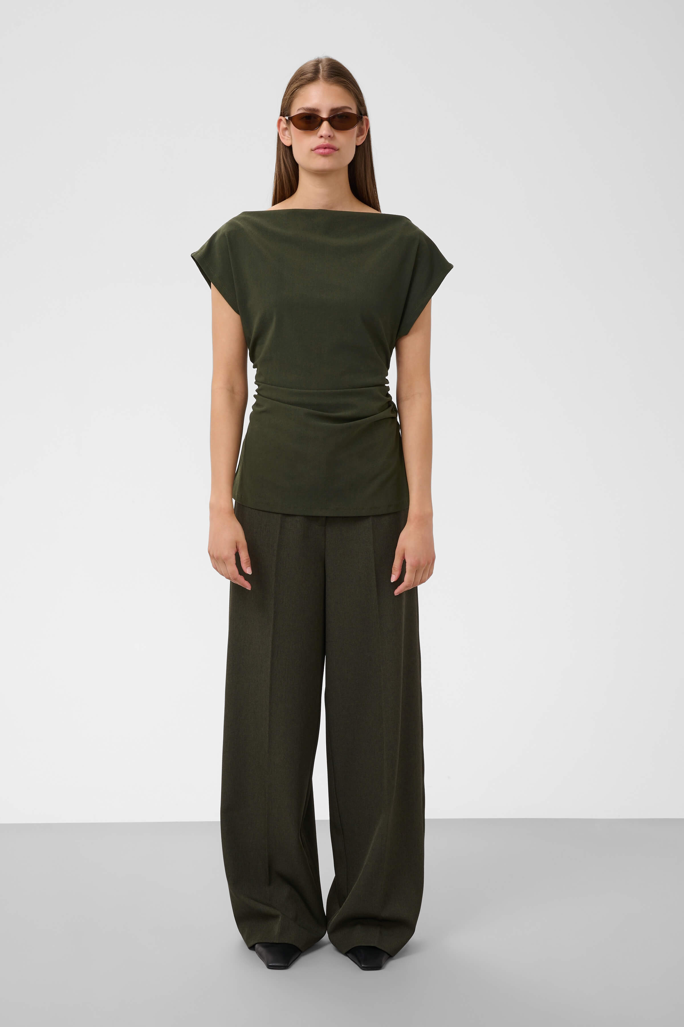 Model wearing the Soaked in Luxury Eirlys boat-neck top