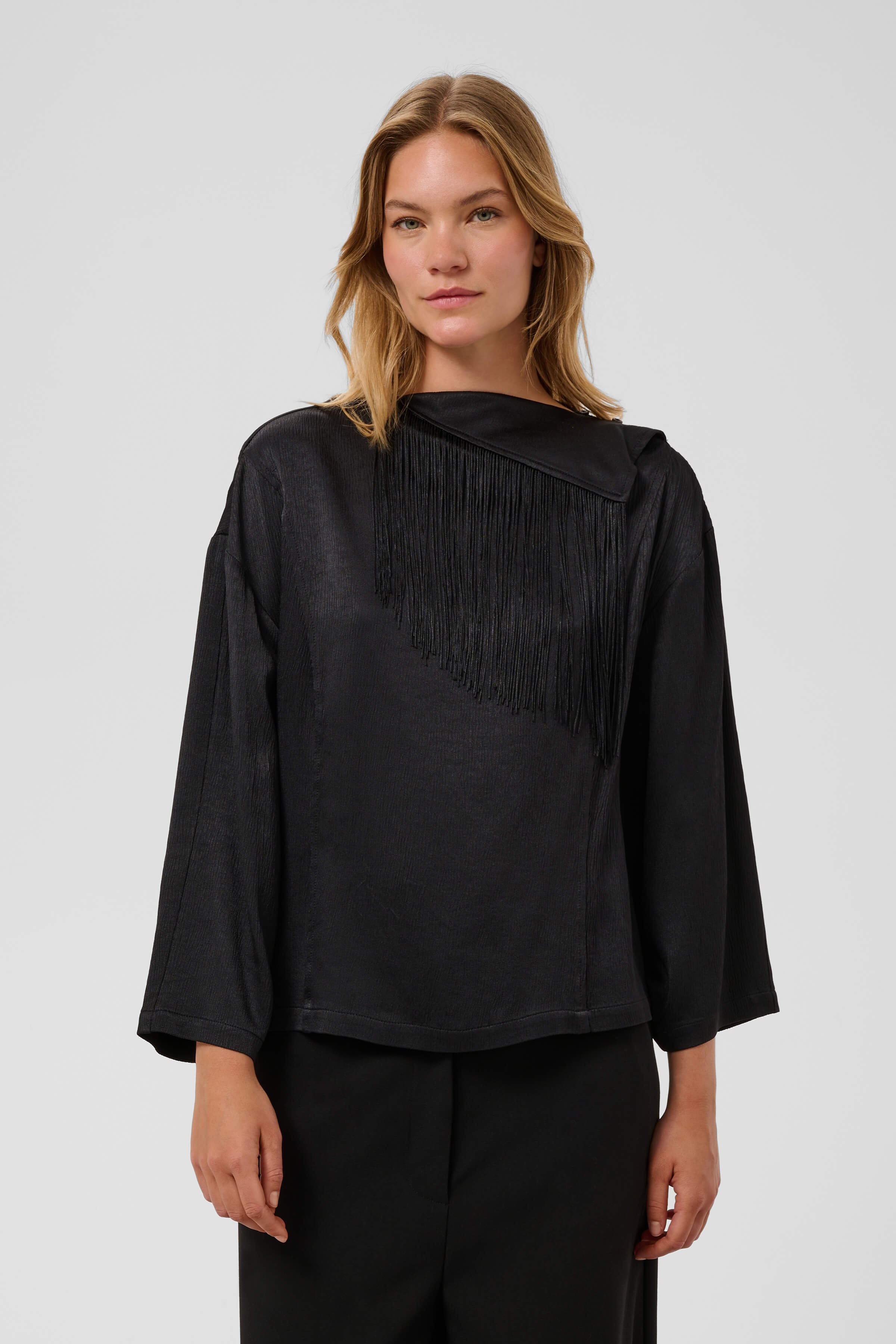 Mirabella relaxed-fit blouse featuring an angled draped neckline