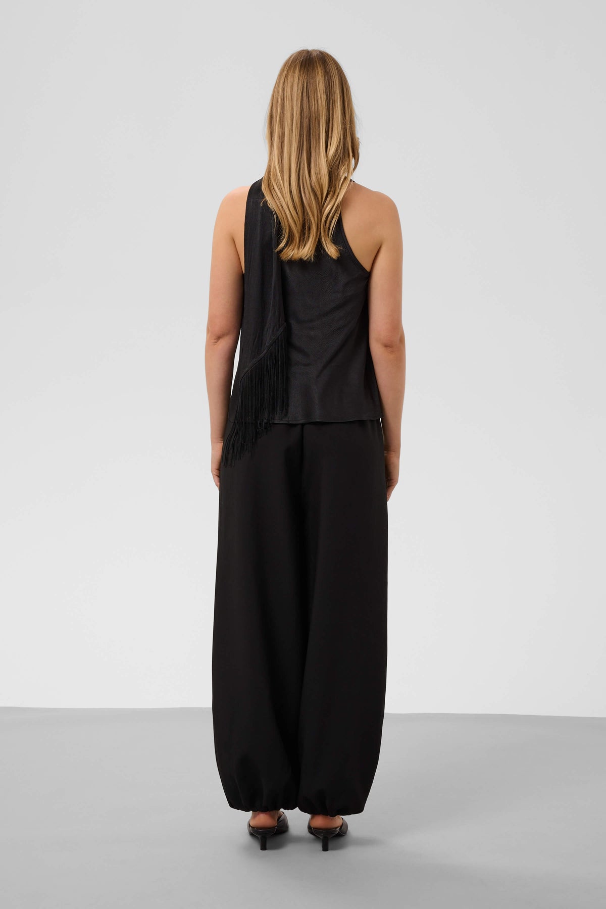 Soaked in Luxury sleeveless occasion top with cowl neck and fringed scarf detail