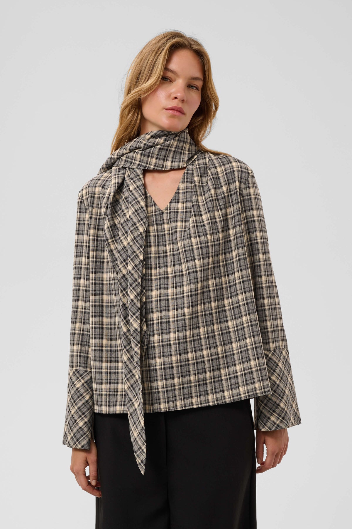 Soaked in Luxury Shiba checked blouse with integrated scarf detail