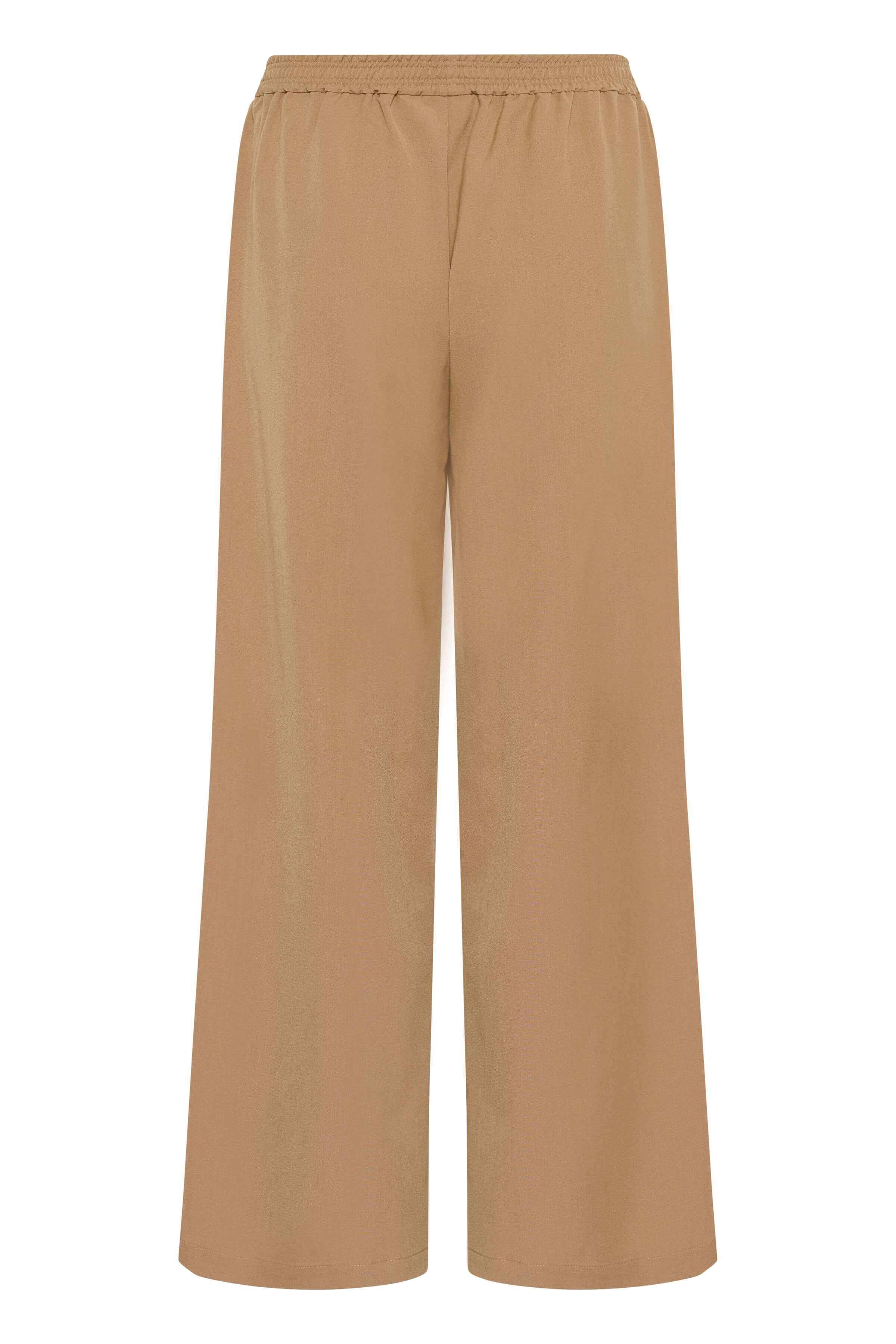 Full-length tan trousers with cream stripes on both sides - back view