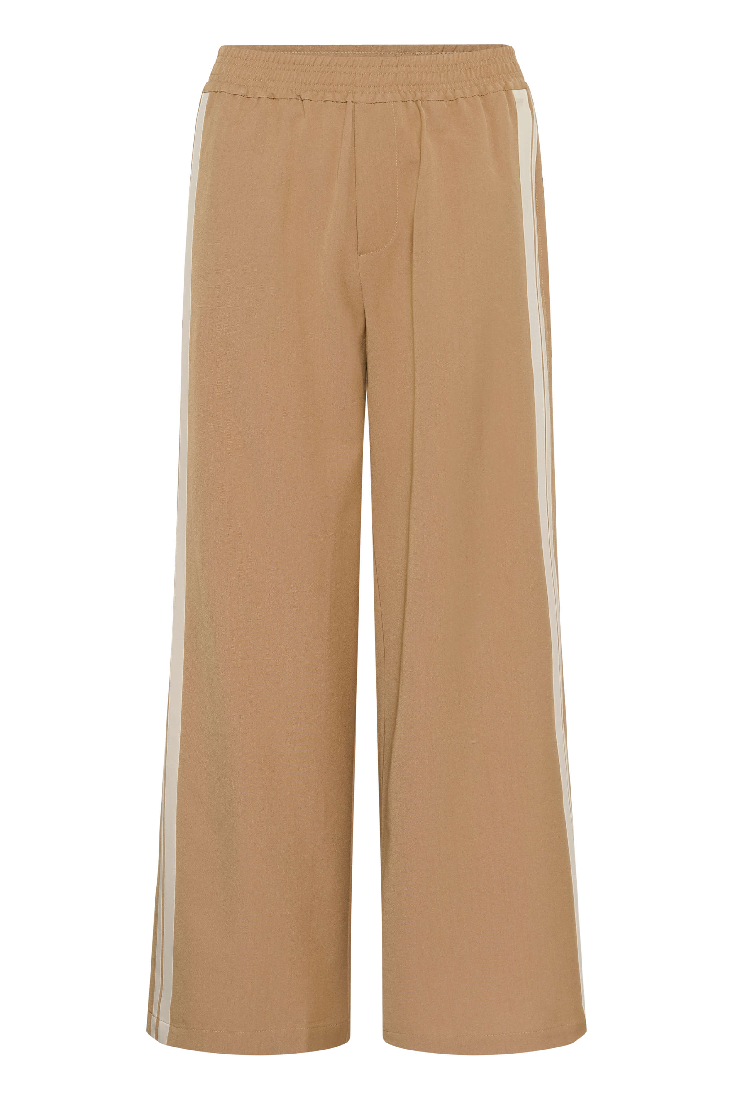 Full-length tan trousers with cream stripes on both sides - front view