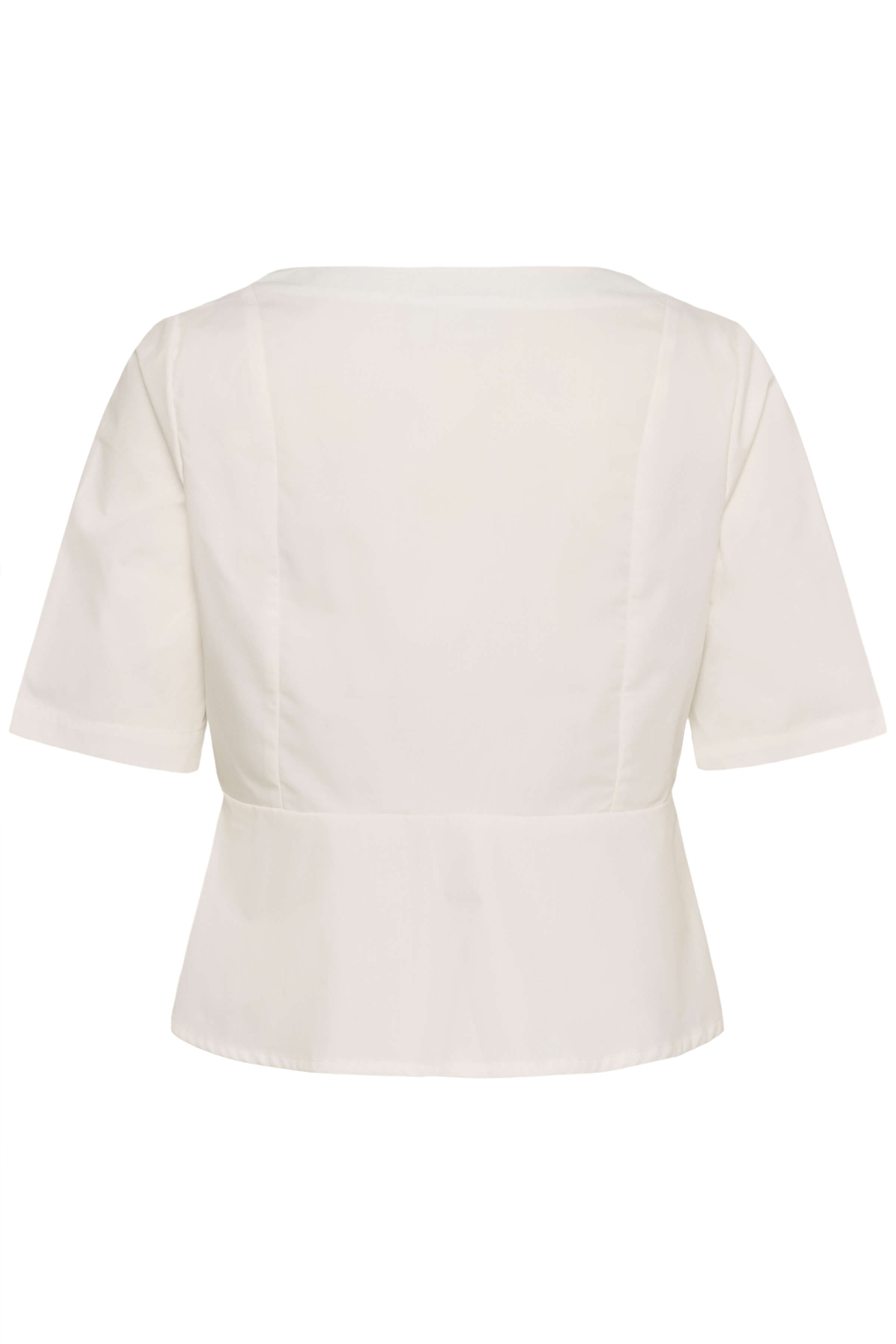 A crisp white shirt with a square neckline - back view