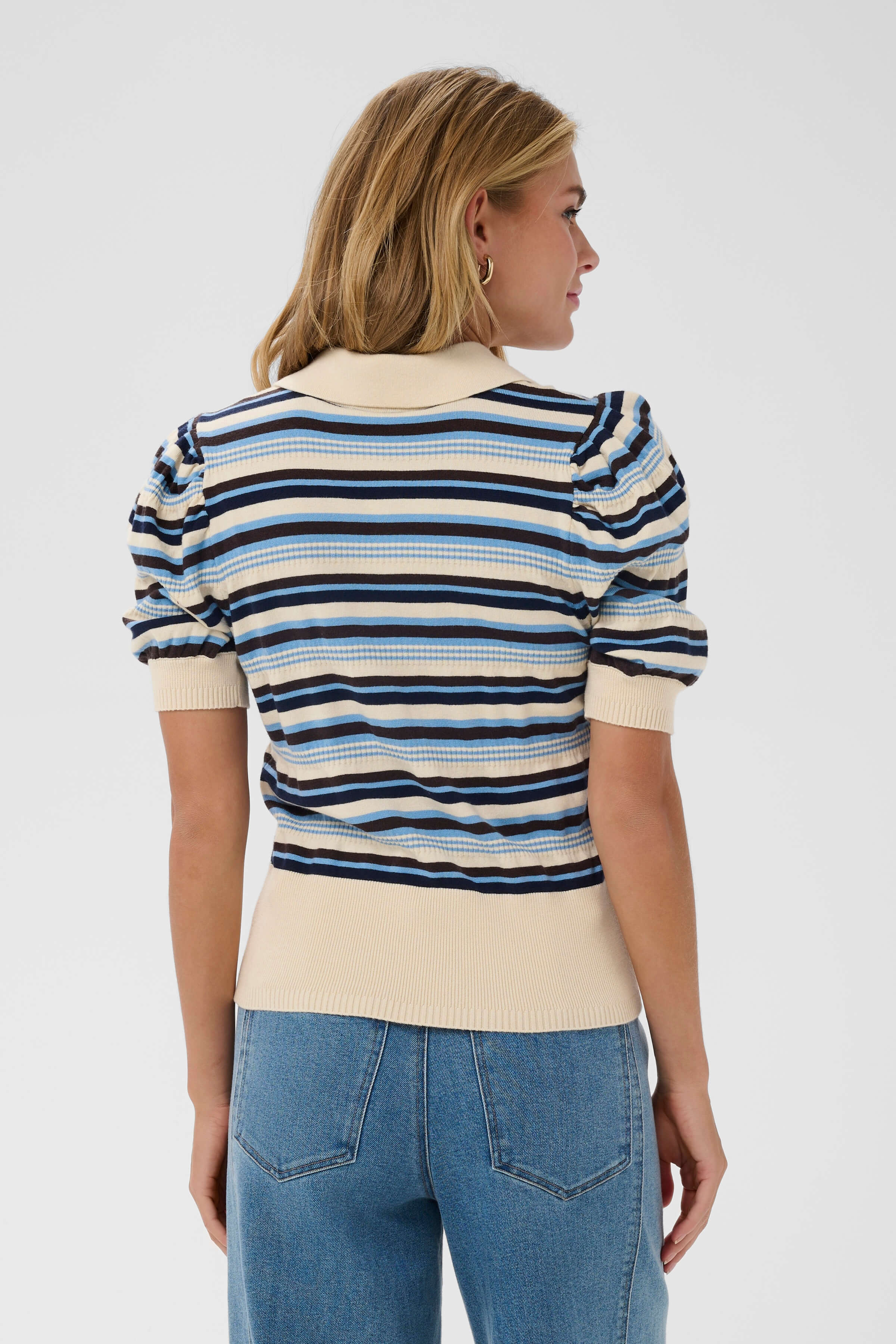 Blue and cream striped polo shirt with a short puff sleeve - back view
