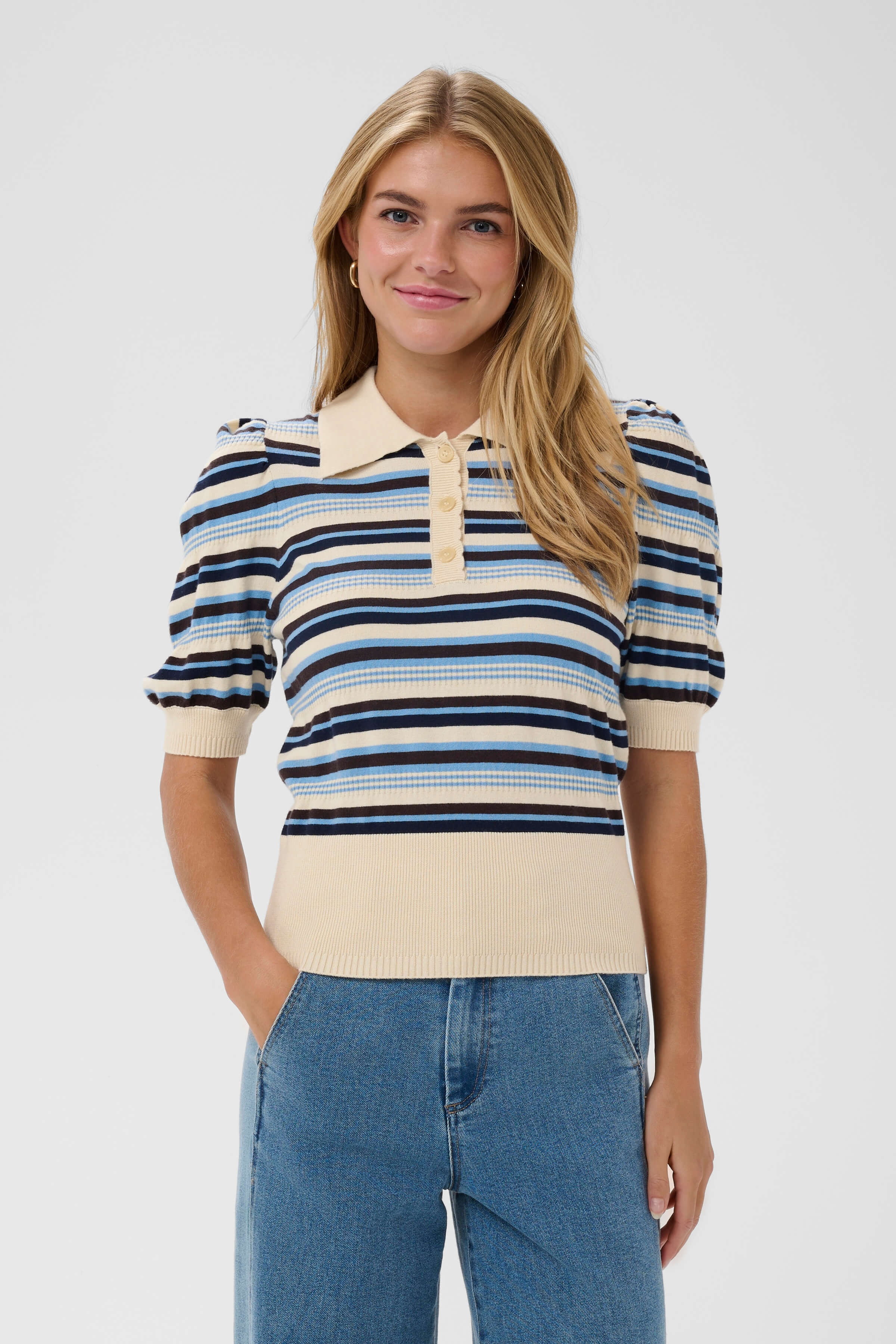Blue and cream striped polo shirt with a short puff sleeve - front view