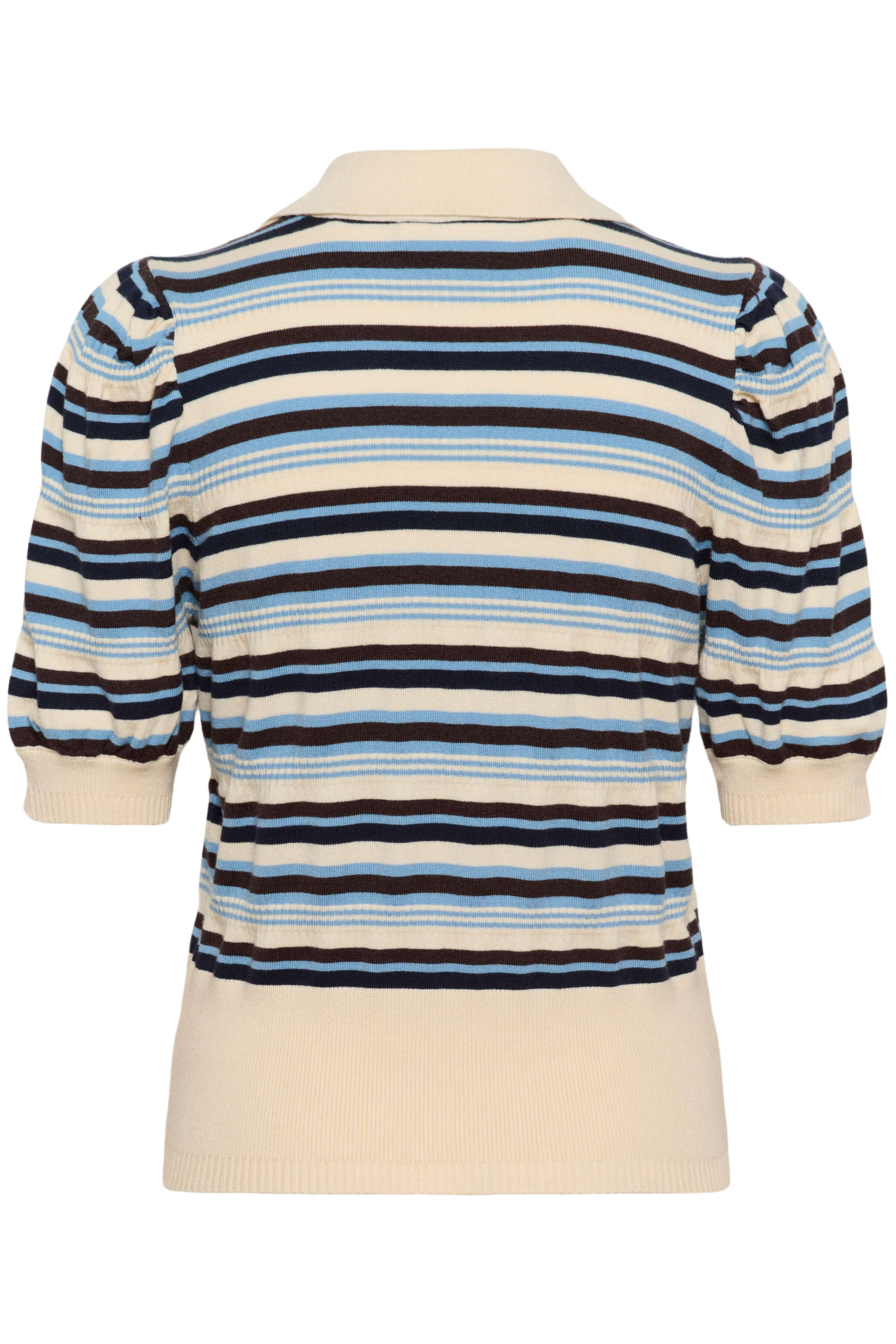 Cream polo shirt with blue and brown stripes - back