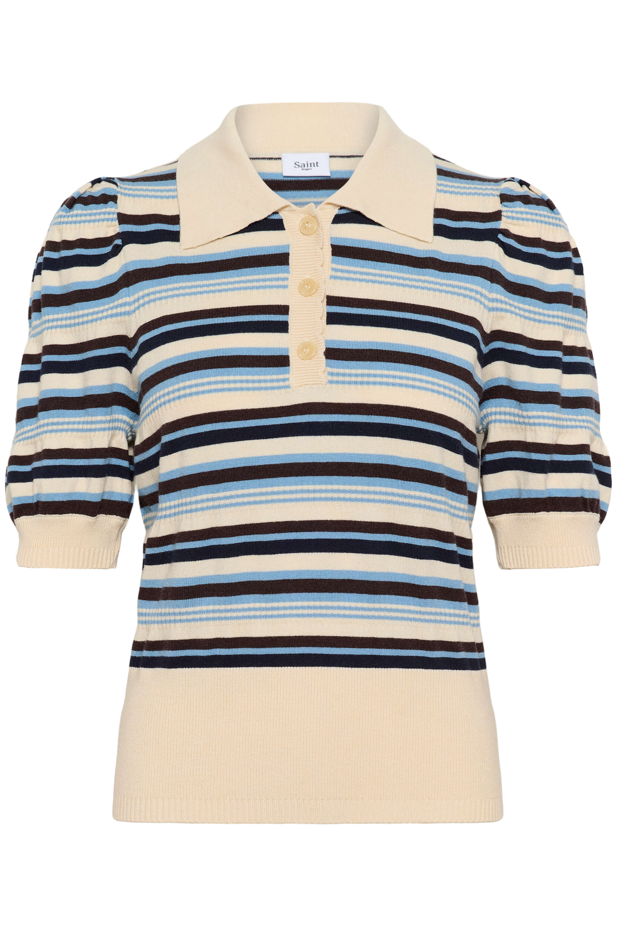 Cream polo shirt with blue and brown stripes - front 
