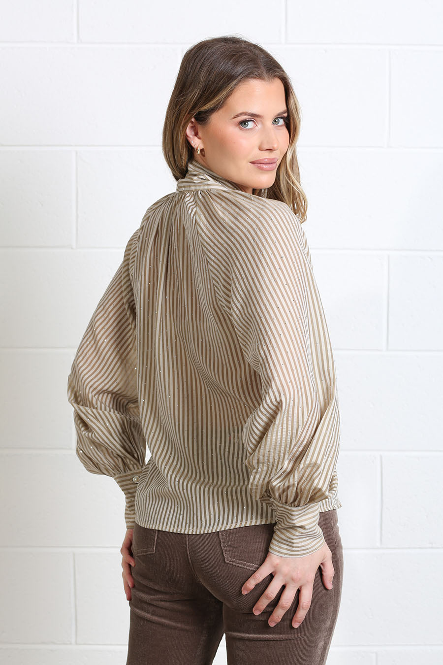 Rear view of the relaxed-fit Natalia striped blouse by Rant & Rave