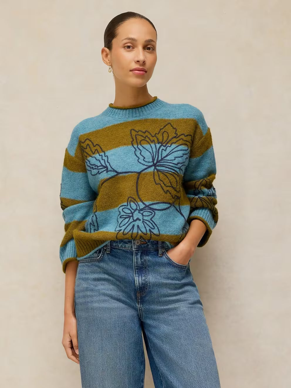 White Stuff Emma botanical embroidered jumper styled on model