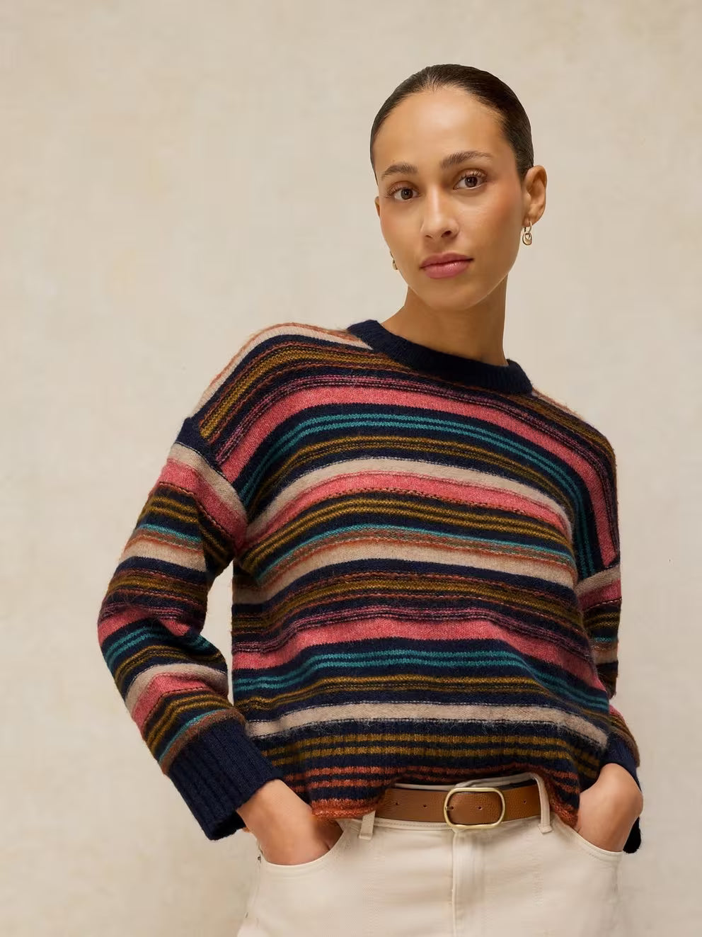 White Stuff stripe knit jumper lifestyle view