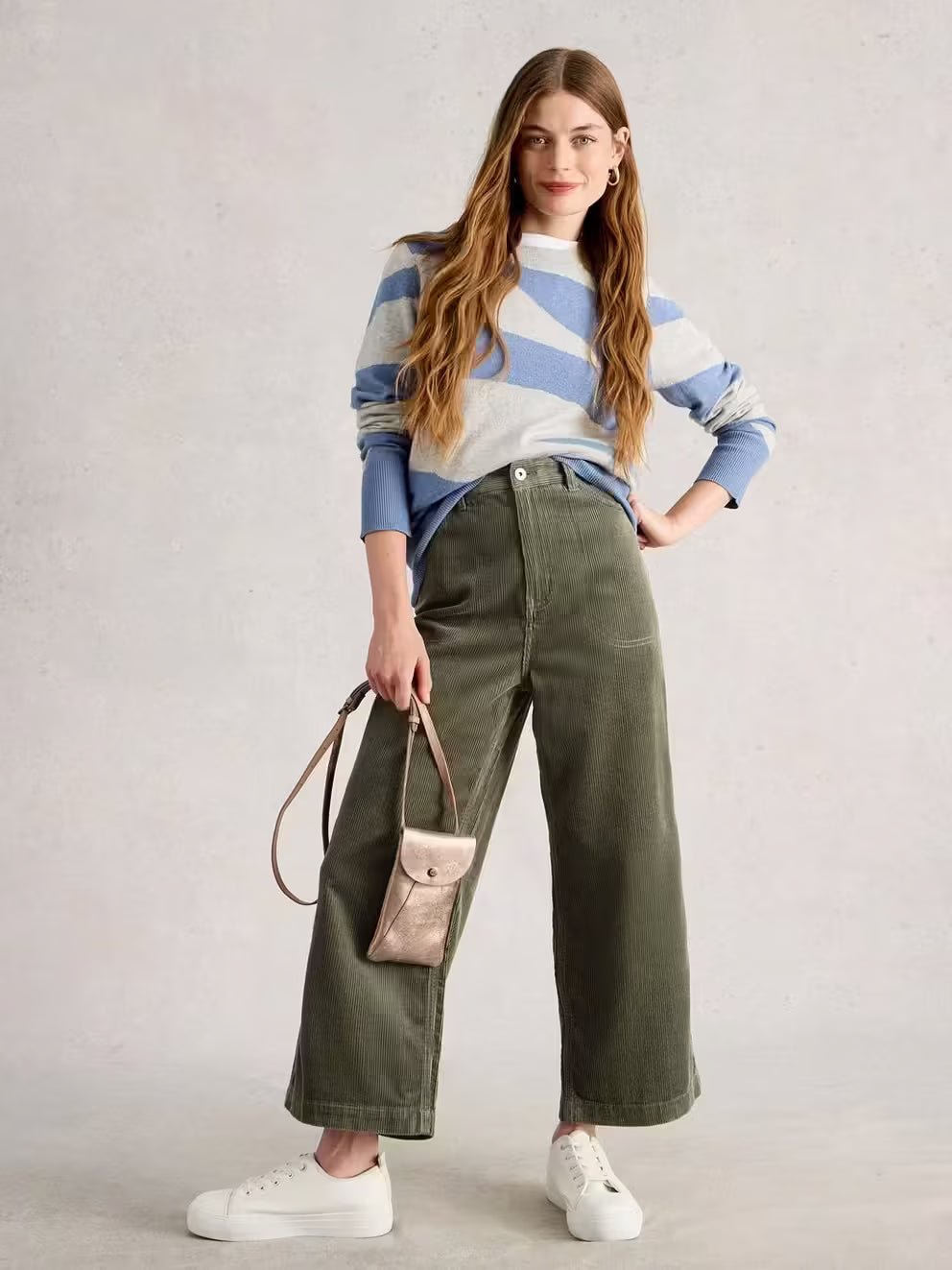 White Stuff Tia wide-leg cord trousers styled on model
