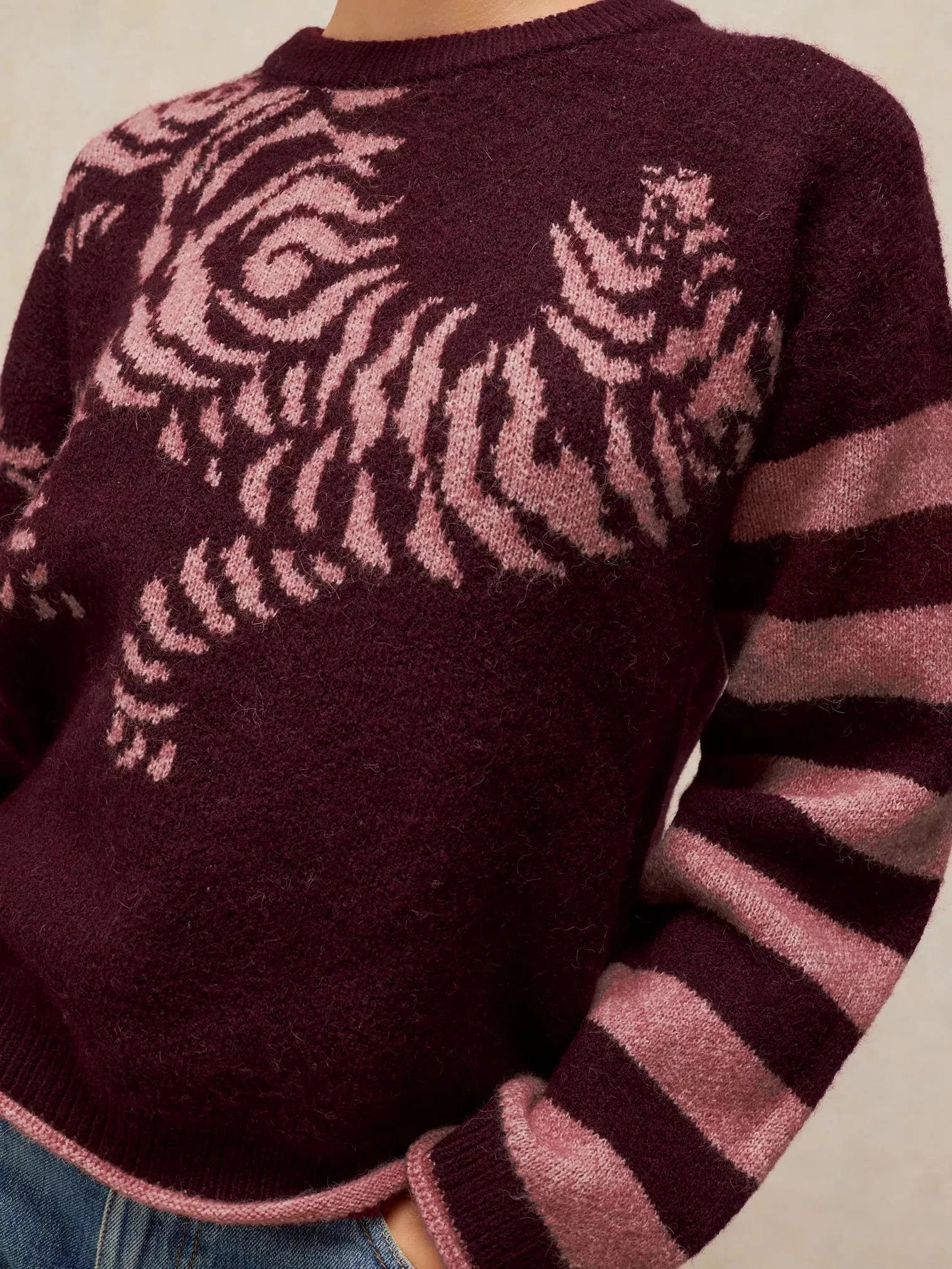White Stuff tiger motif jumper with striped sleeve