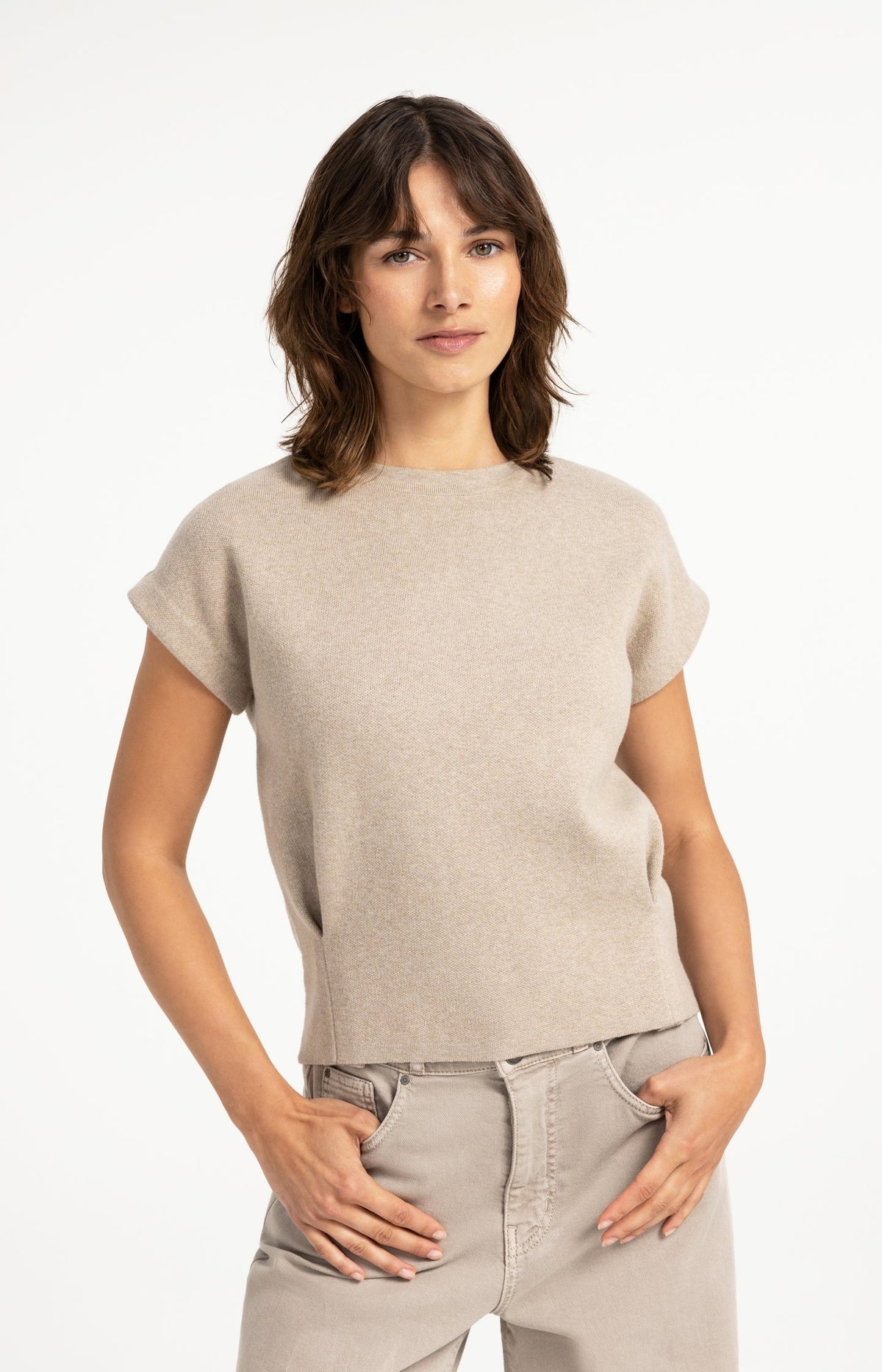 YAYA jacquard knit top with cap sleeves, front view